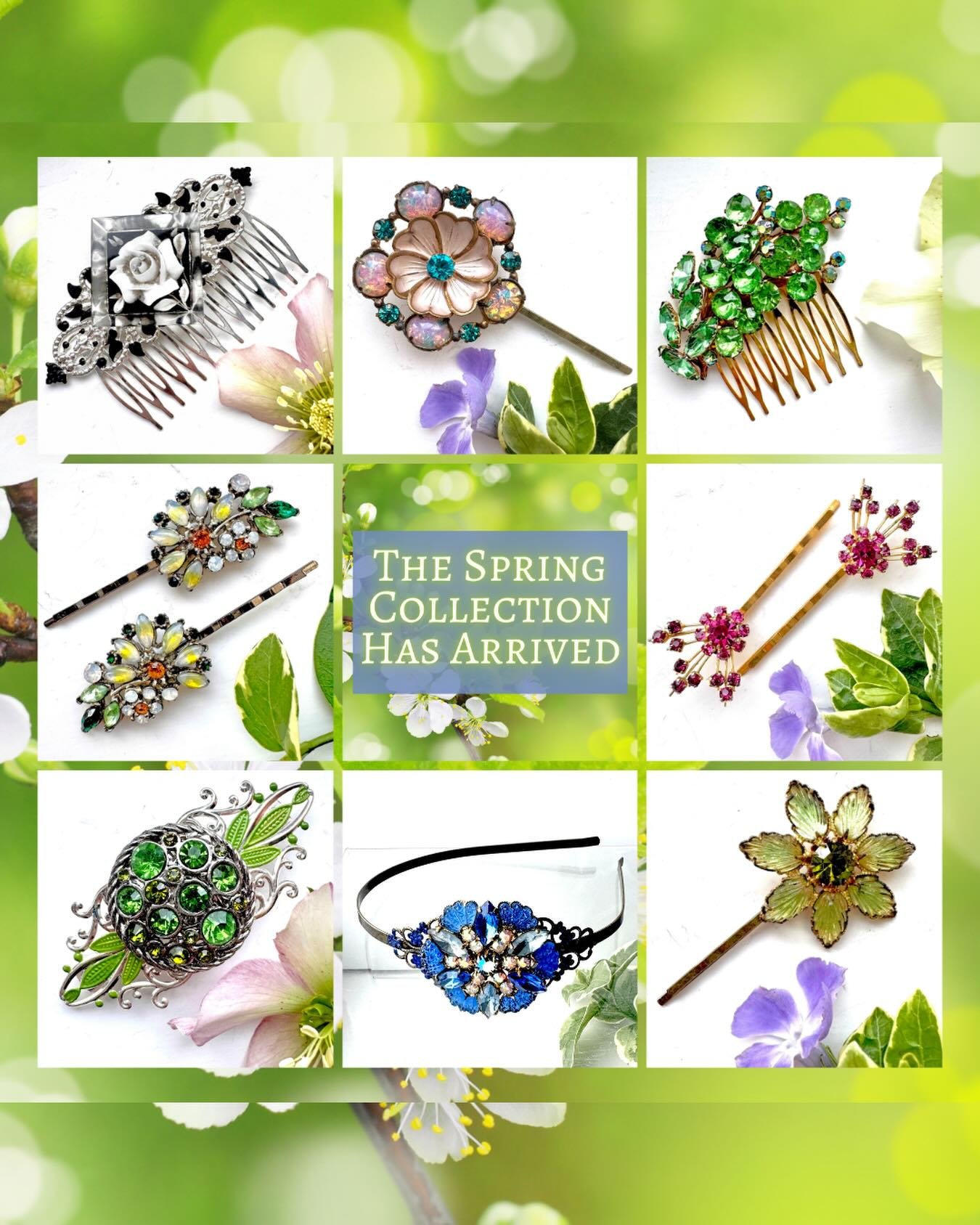 Handmade vintage hair accessories for spring.
My new collection for Spring is here, made using real vintage jewellery some of which has been sitting somewhere unworn for decades. Every piece is restored and repurposed by hand, so no two are the same.