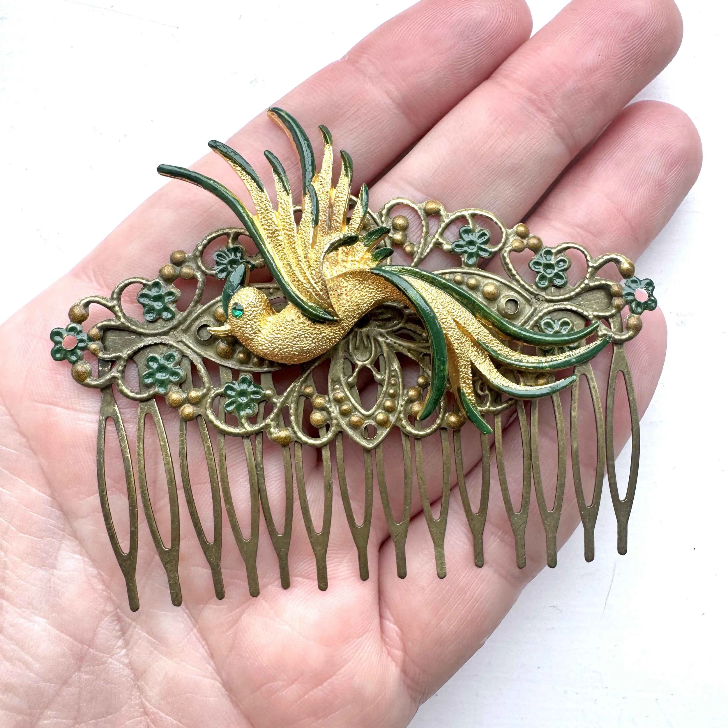 1950s green antique bird hair comb, vintage hair accessories