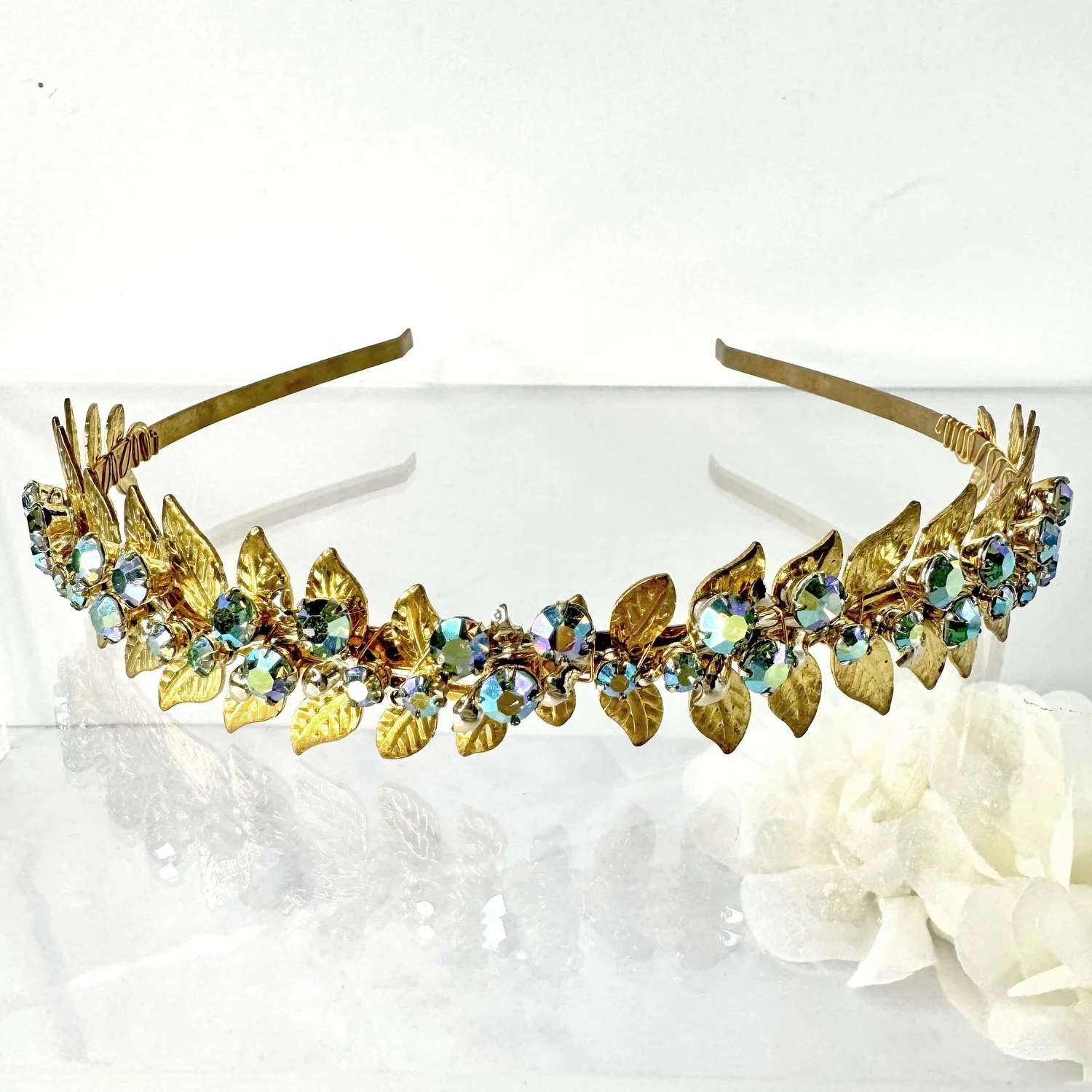 Gold Leaf with Crystals Tiara 7cm Tall Crystal Leaves Ancient Gold Wedding Princess Tiara  main image 3