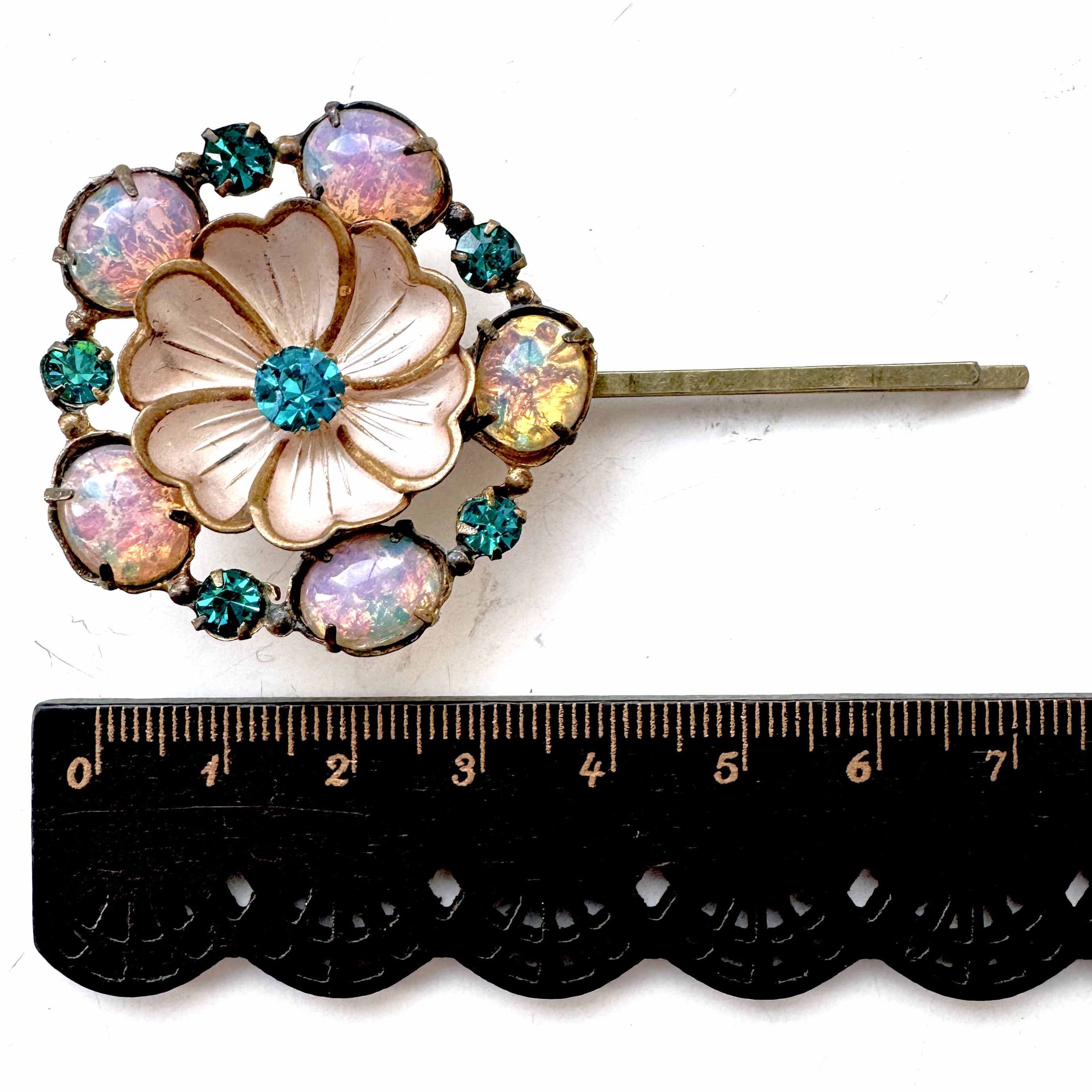 1930s vintage opal flower bobby pin, vintage bobby pin, vintage hair accessories