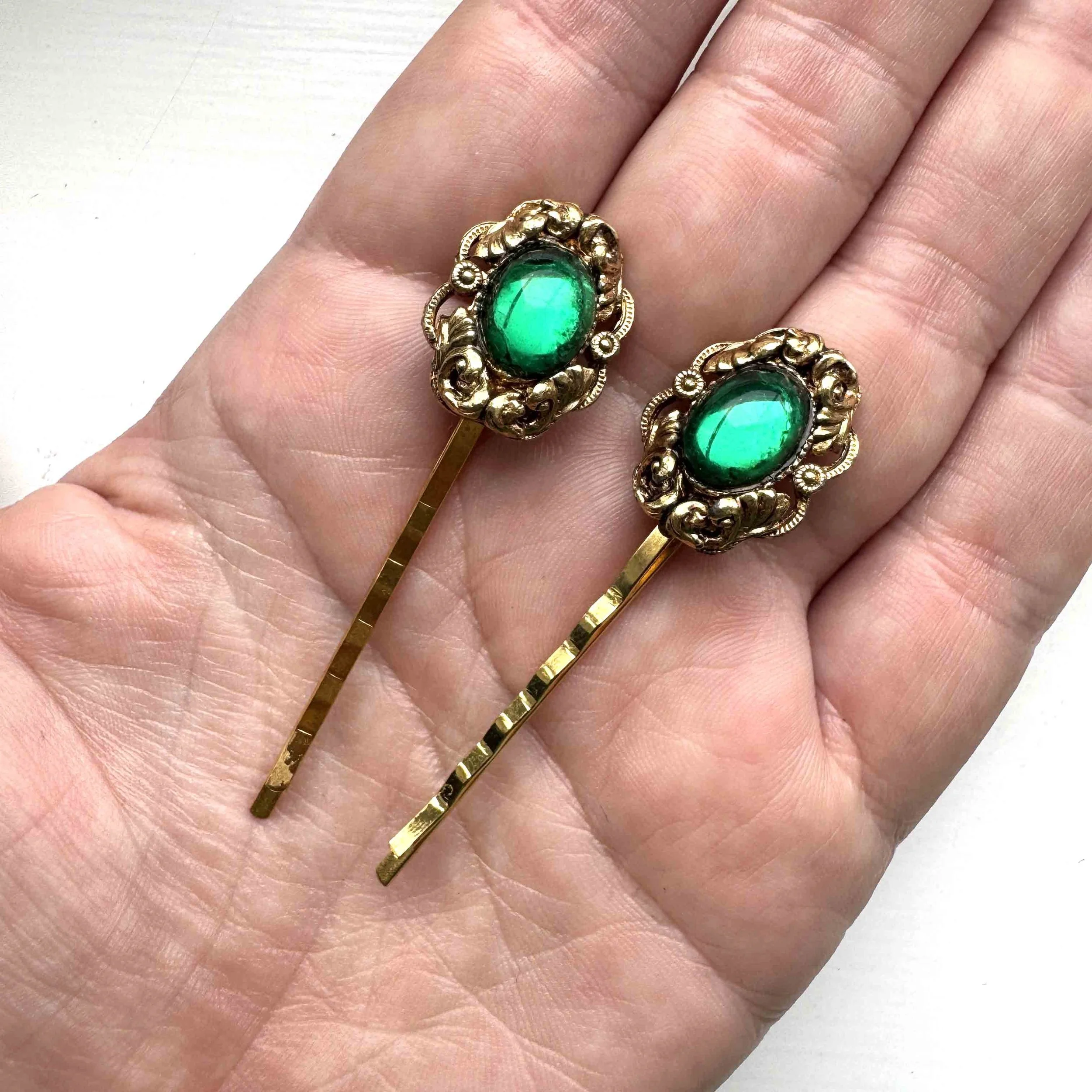 dark green vintage hair slides, vintage hair accessories
