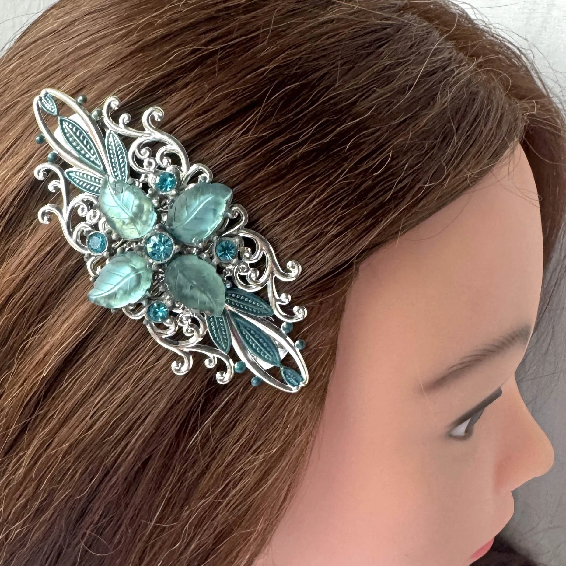 1940s vintage turquoise blue jewelled french barrette, vintage hair accessories