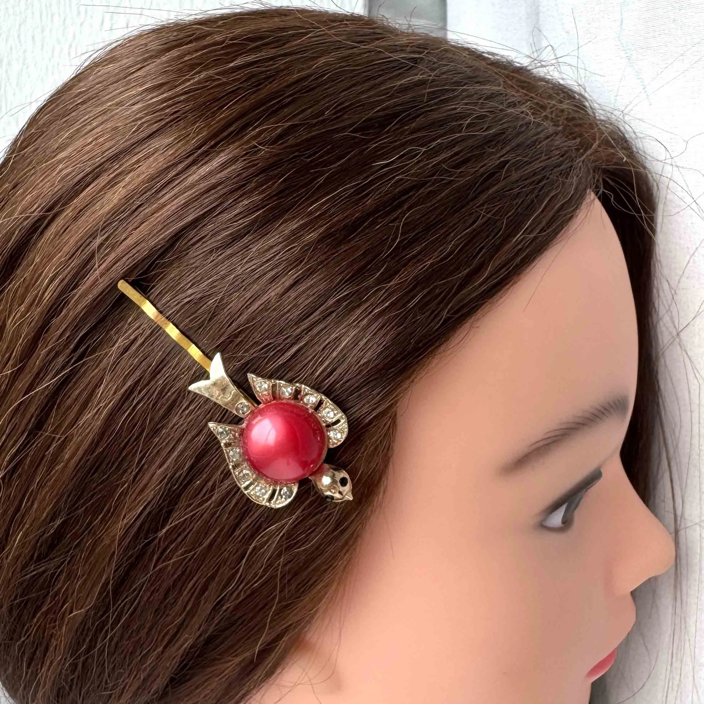 vintage red bird hair clip, vintage hair accessories