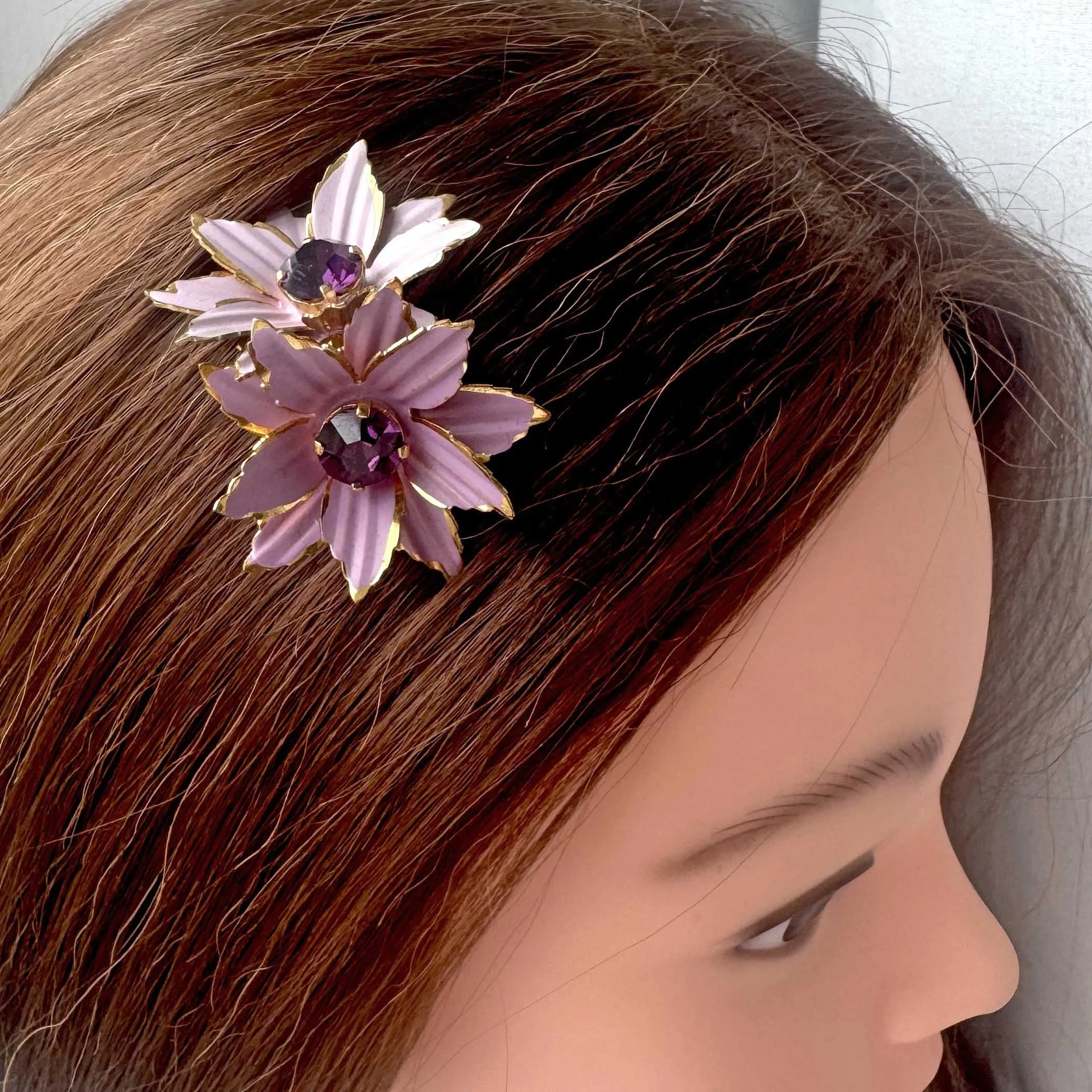 antique jewelled purple flower hair comb, vintage hair accessories