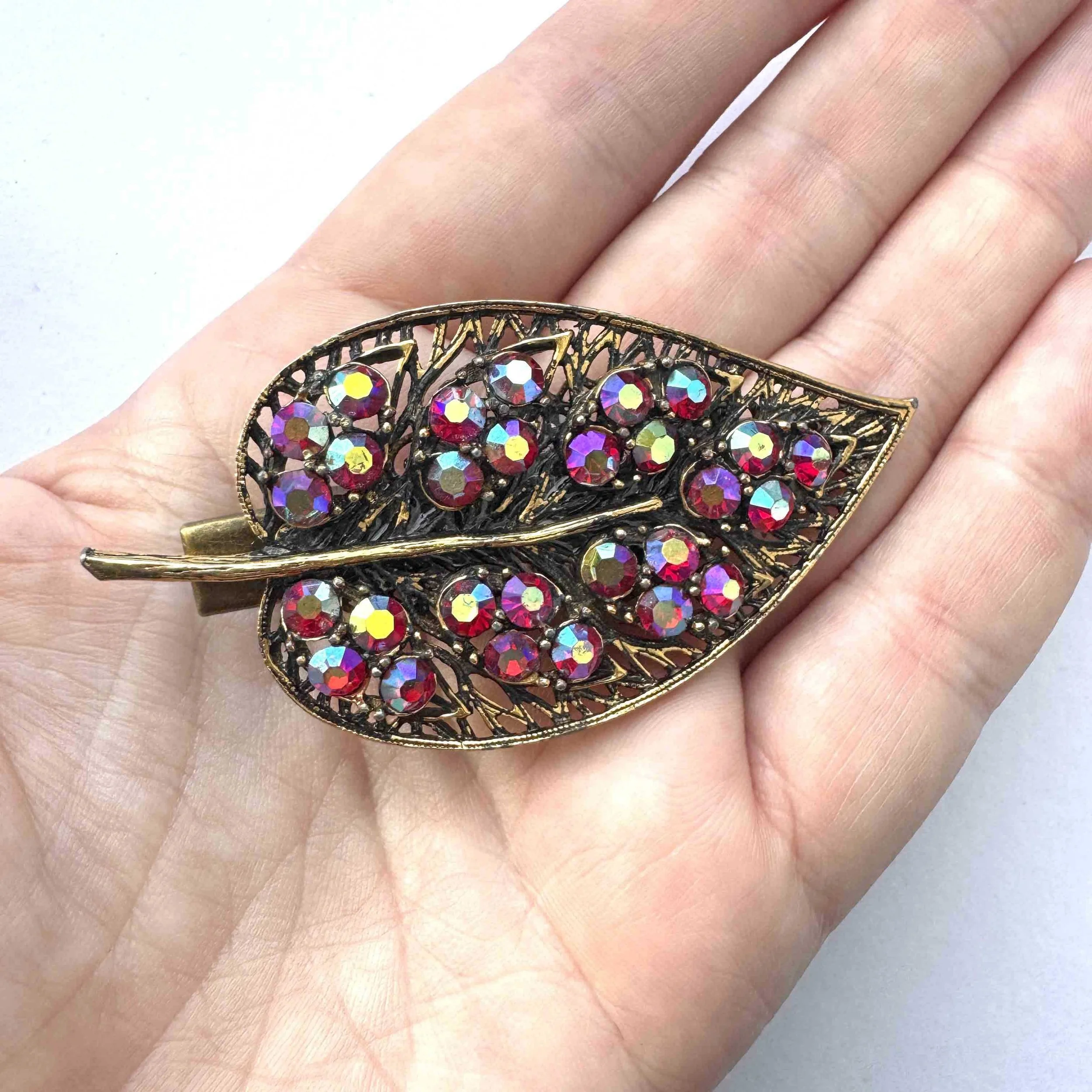 1950s vintage aurora red rhinestone hair clasp, vintage hair accessories