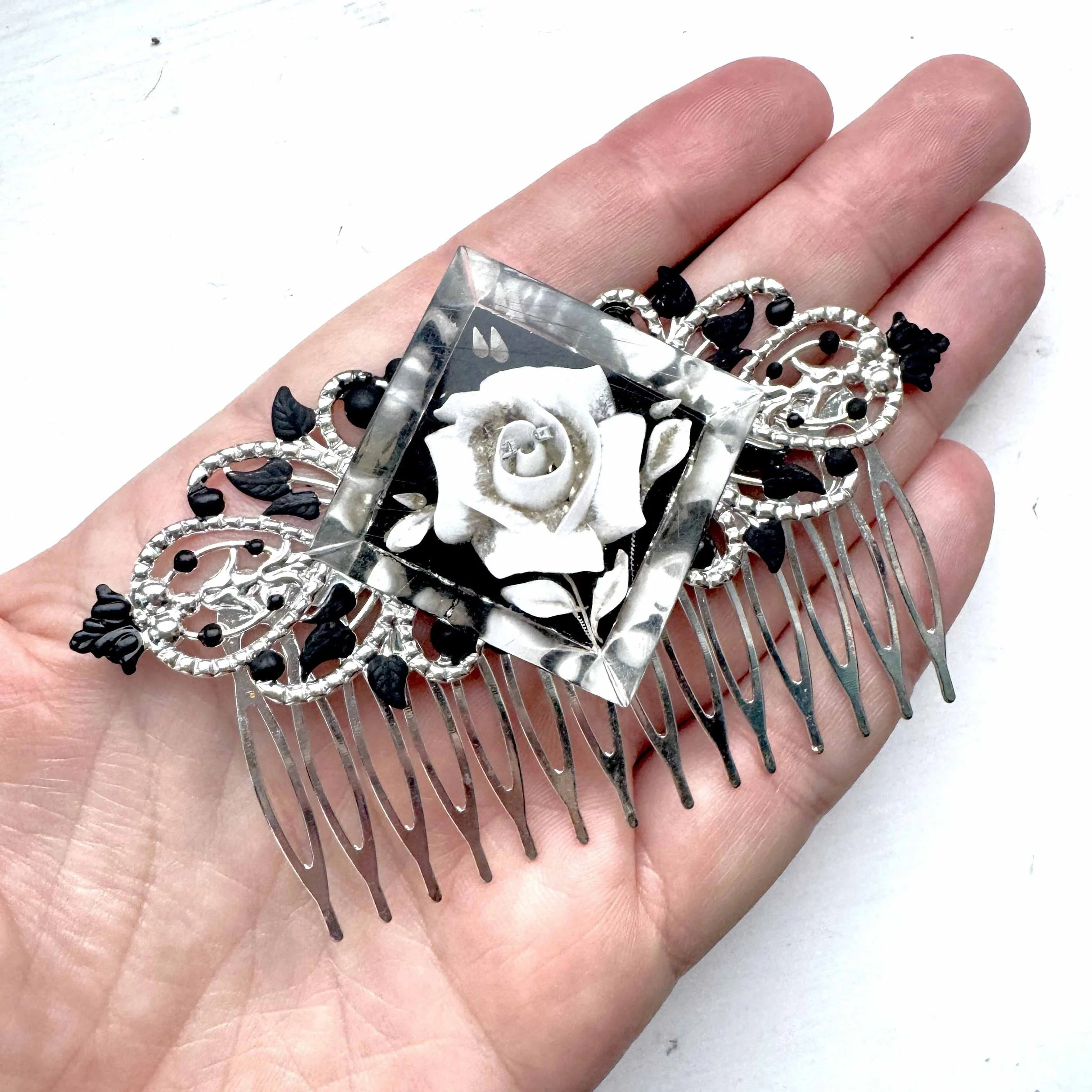 antique black and white rose hair comb, antique hair comb, antique hair accessories