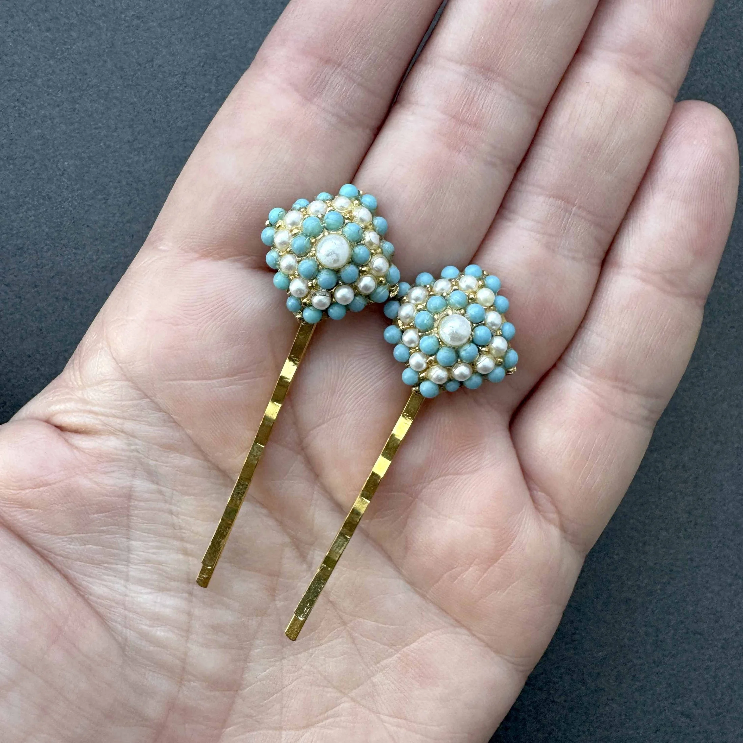 gold turquoise and pearl vintage hair slides, vintage hair accessories
