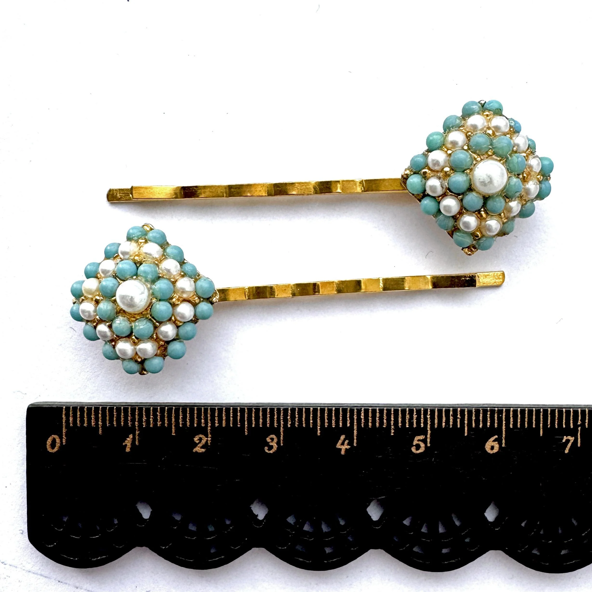 gold turquoise and pearl vintage bobby pins, vintage hair accessories