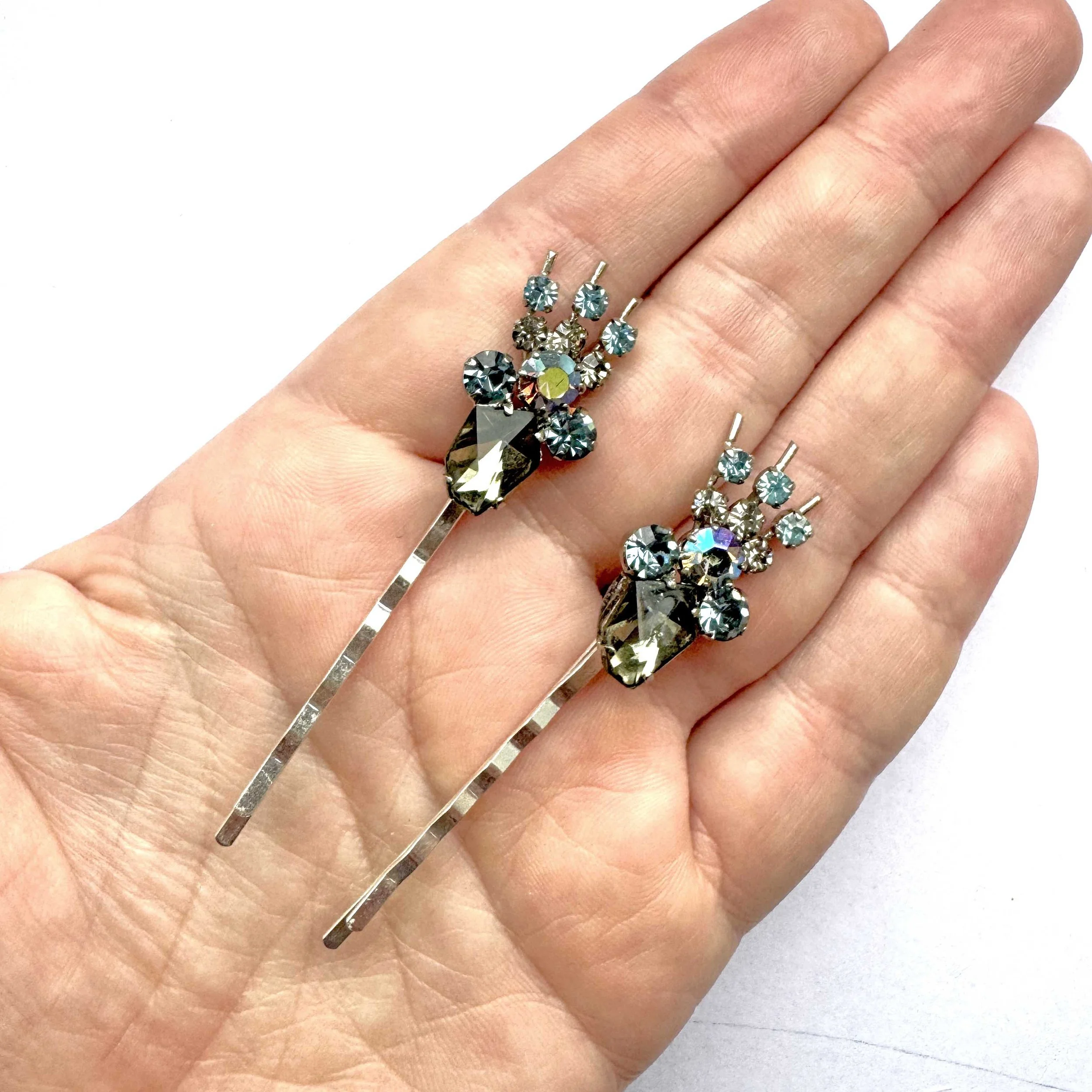 1950s Vintage Silver Blue Jewelled Hair Slides, vintage hair accessories