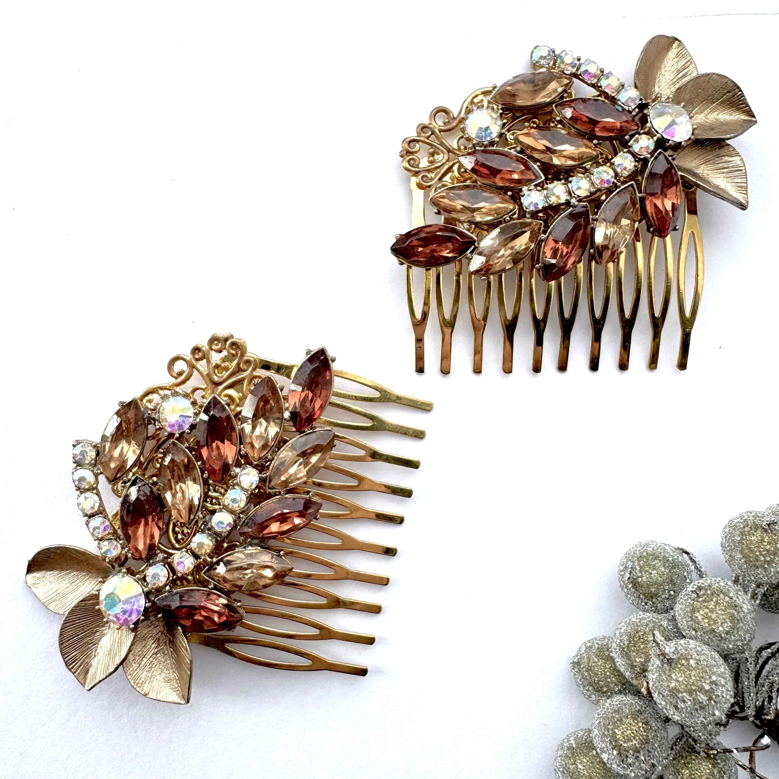1950s vintage topaz and amber rhinestone hair combs, vintage hair accessories