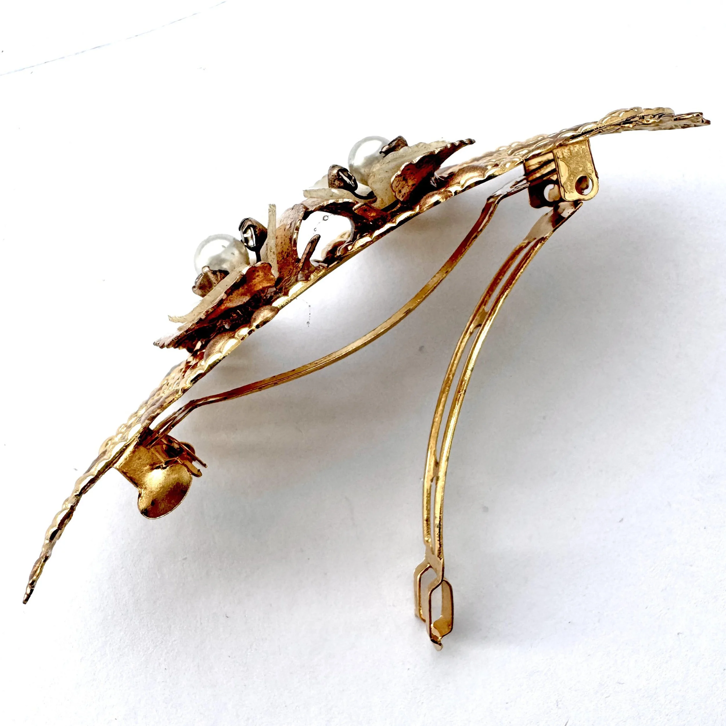 vintage gold mother of pearl and rhinestone french barrette, vintage hair accessories