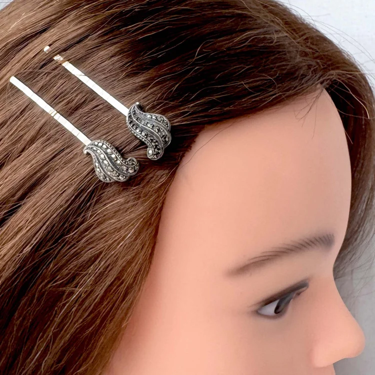 Vintage 1930s Silver Marcasite Leaf Hair Pins - Vintage Hair  display picture 3