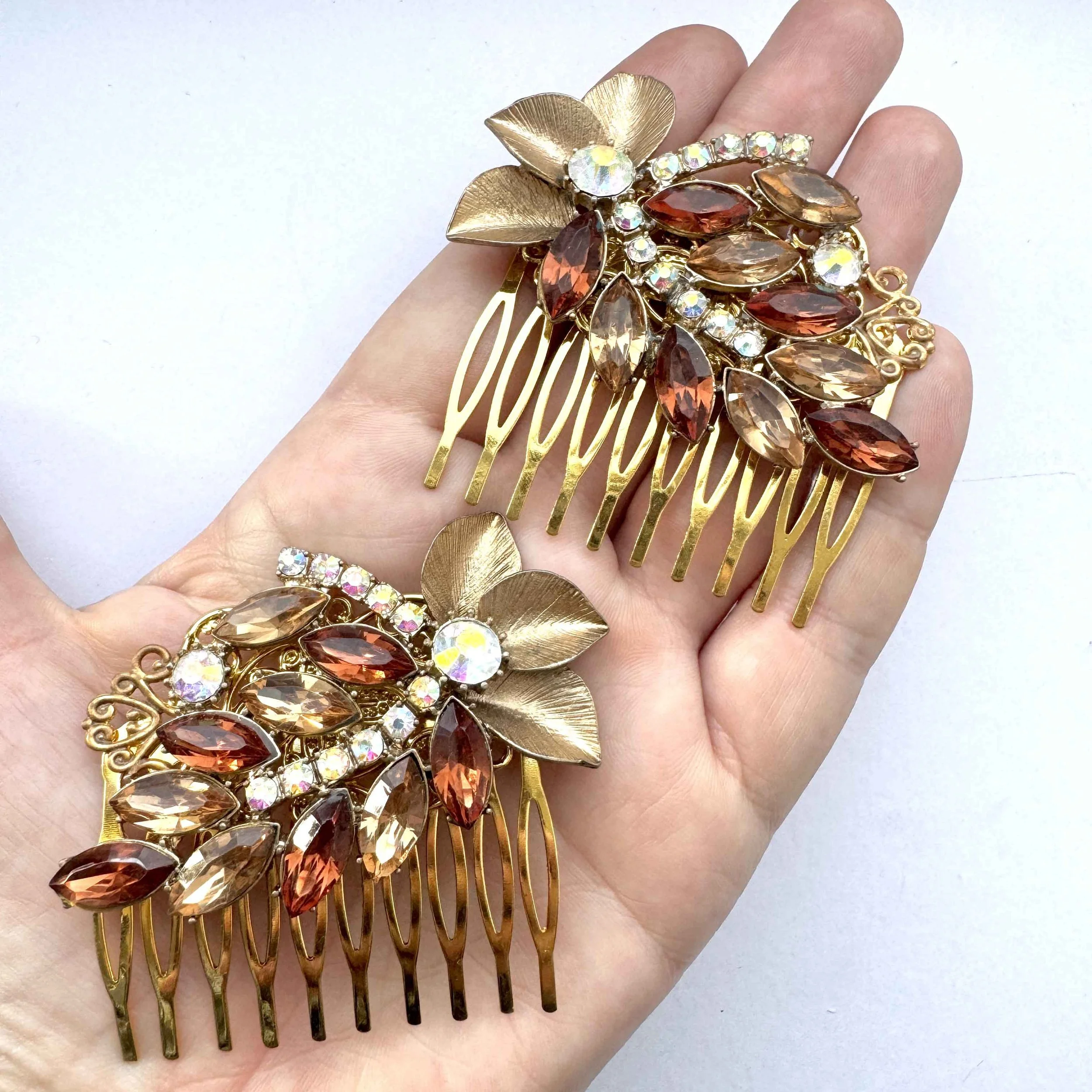 1950s antique topaz and amber rhinestone hair combs, vintage hair accessories