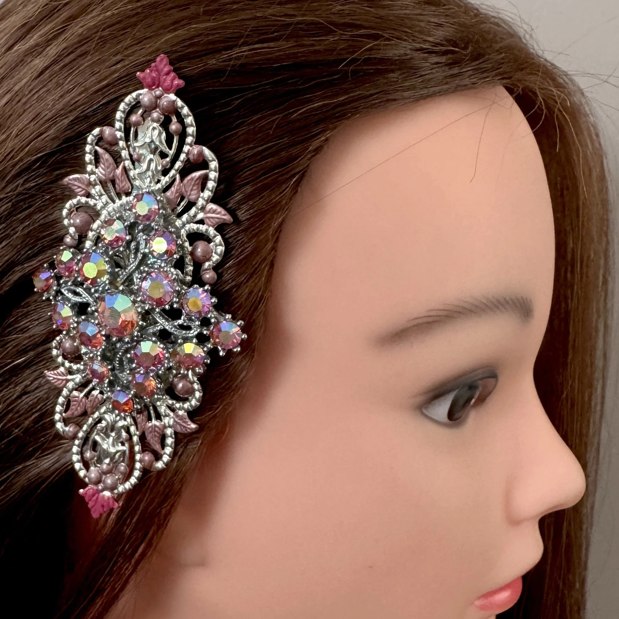 1950s pink jewelled vintage hair slide, vintage hair accessories
