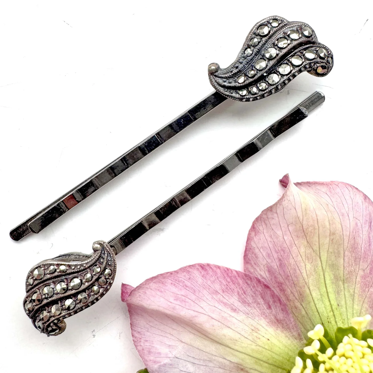 1930s Art Deco Sterling Silver Marcasite Hair Pins - Vintage 