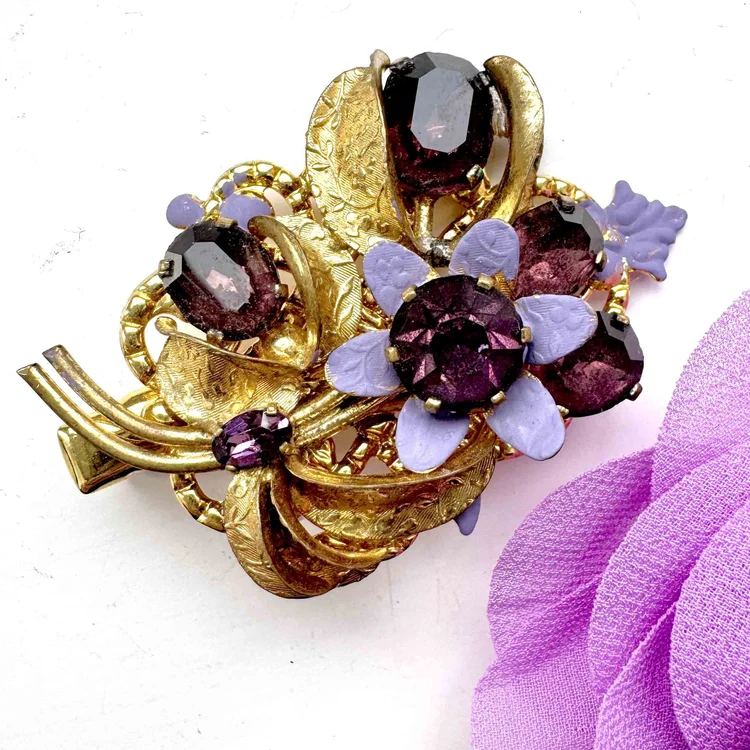 Pair Of Vintage Purple Enamel Gold Hair Clips - vintage hair  display picture 2