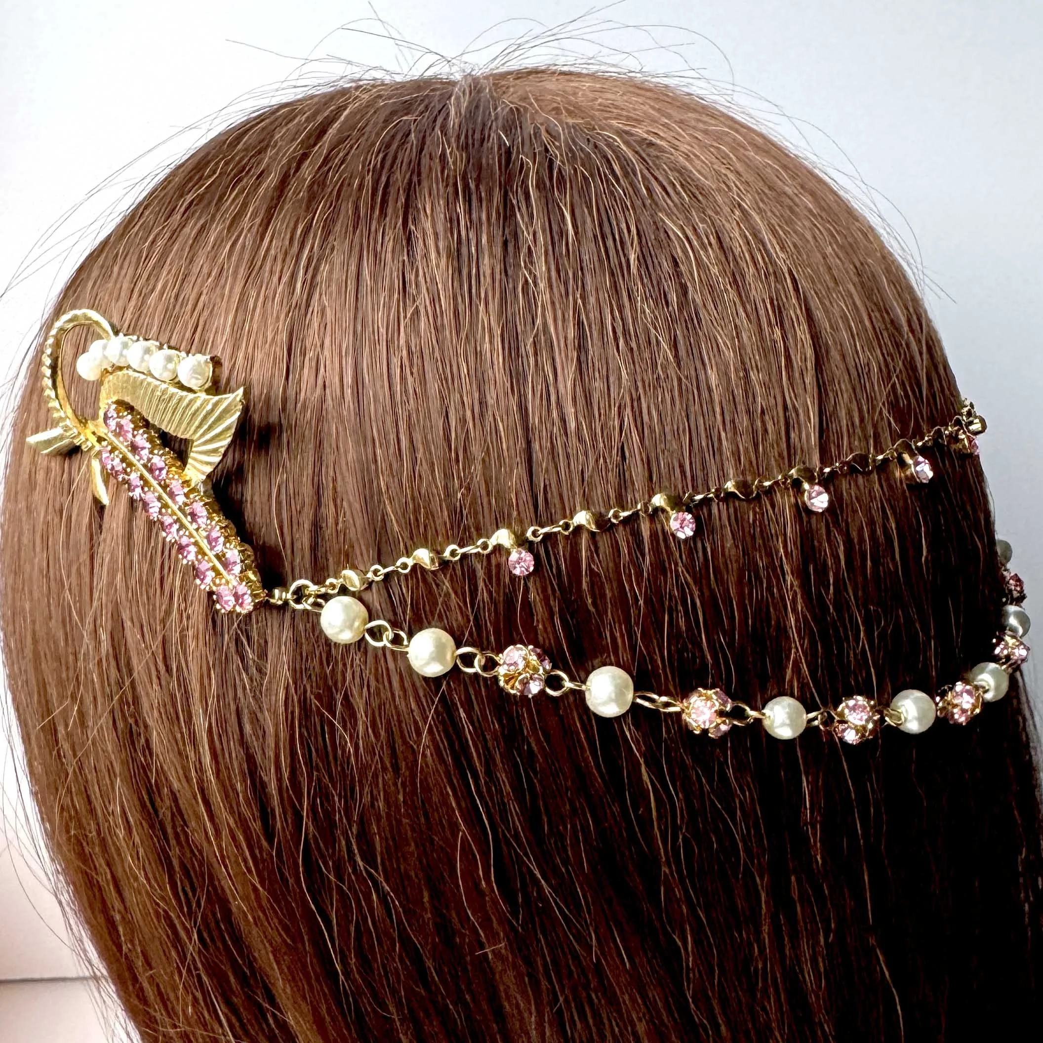 vintage pink rhinestone and pearl wedding head piece, vintage hair accessories