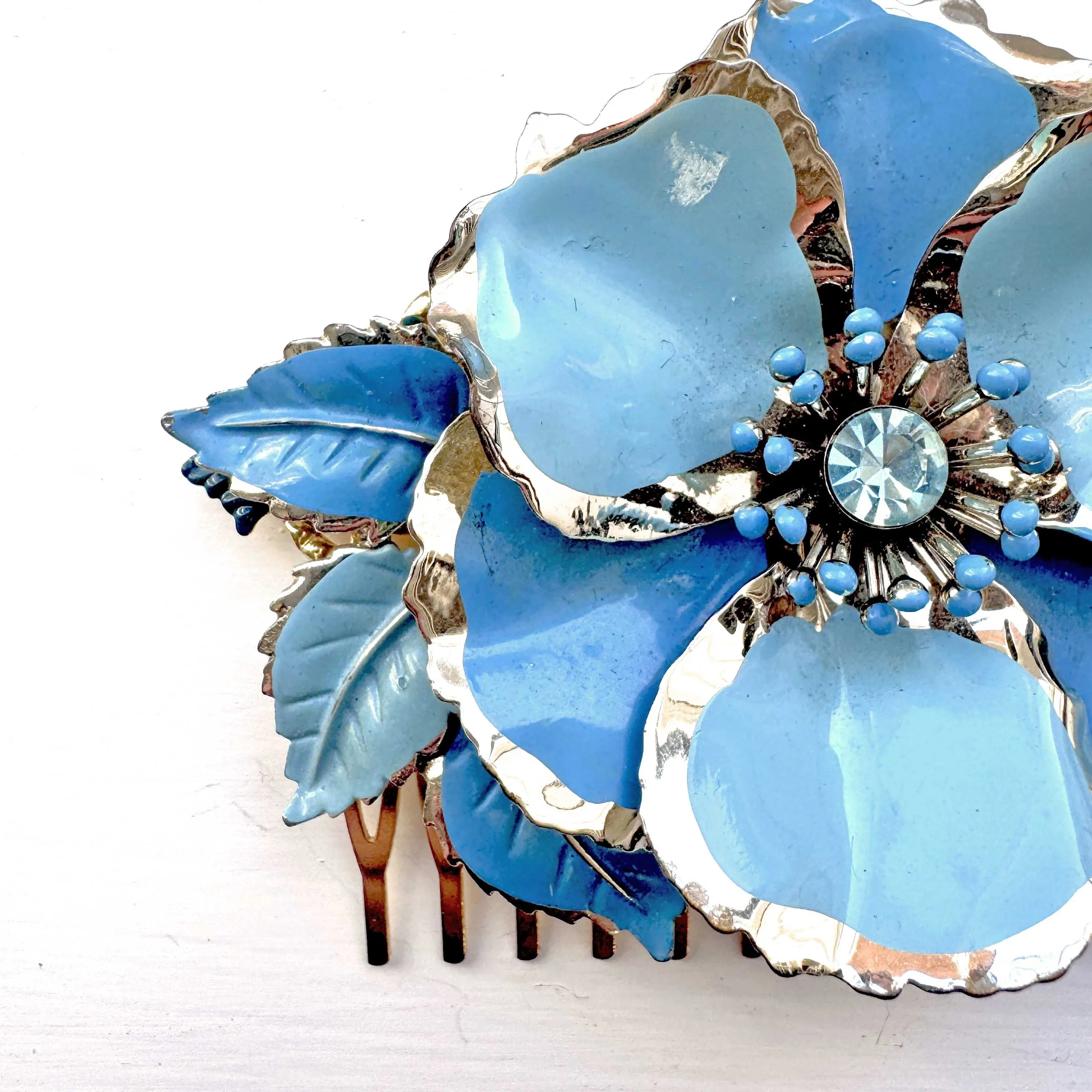 1950s vintage blue rhinestone flower bridal hair comb, vintage hair accessories