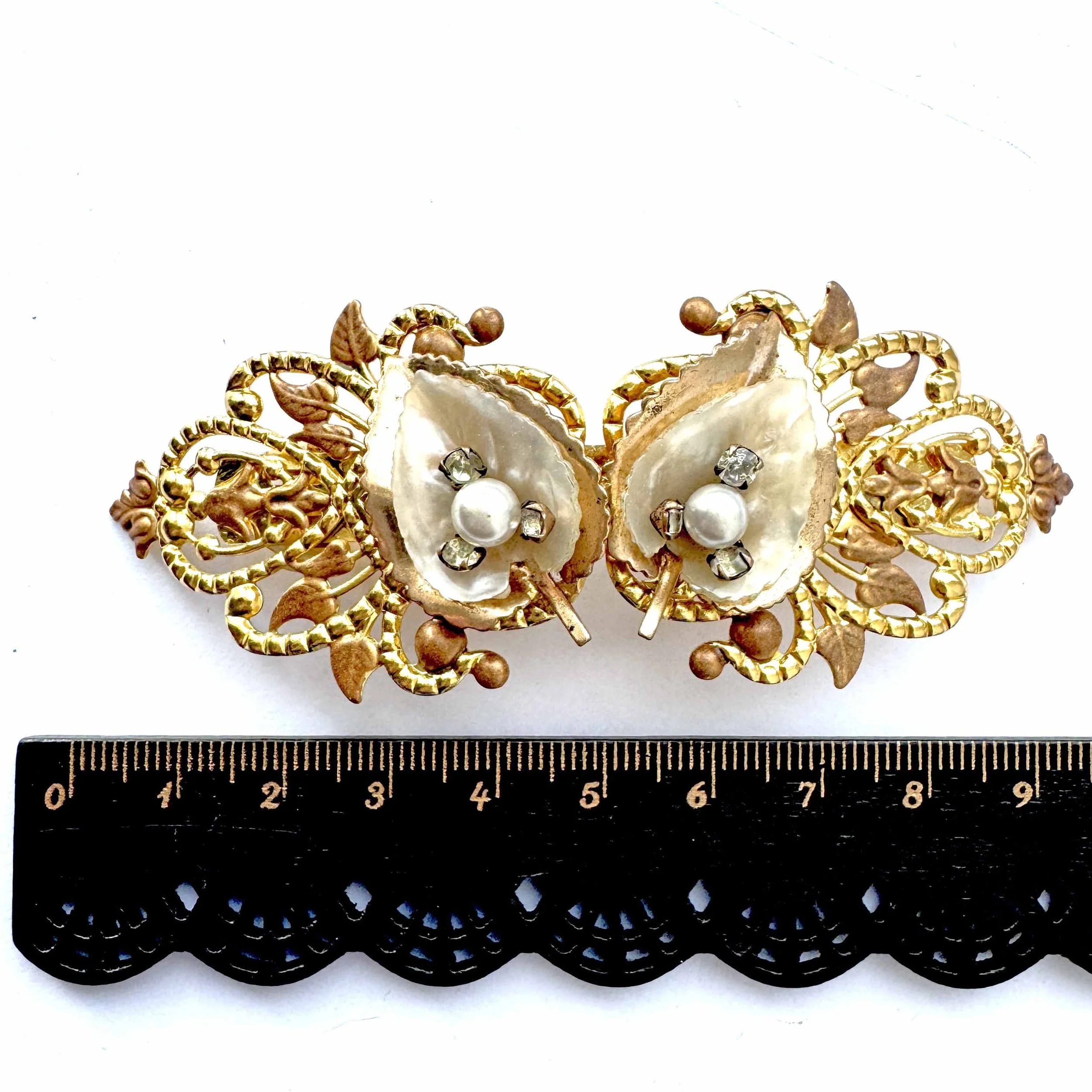 antique gold mother of pearl and rhinestone hair barrette, vintage hair accessories