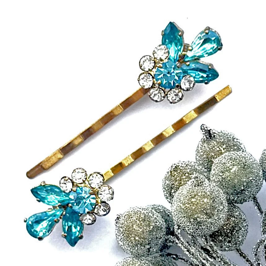 1950s vintage turquoise rhinestone flower hair barrettes, vintage hair accessories