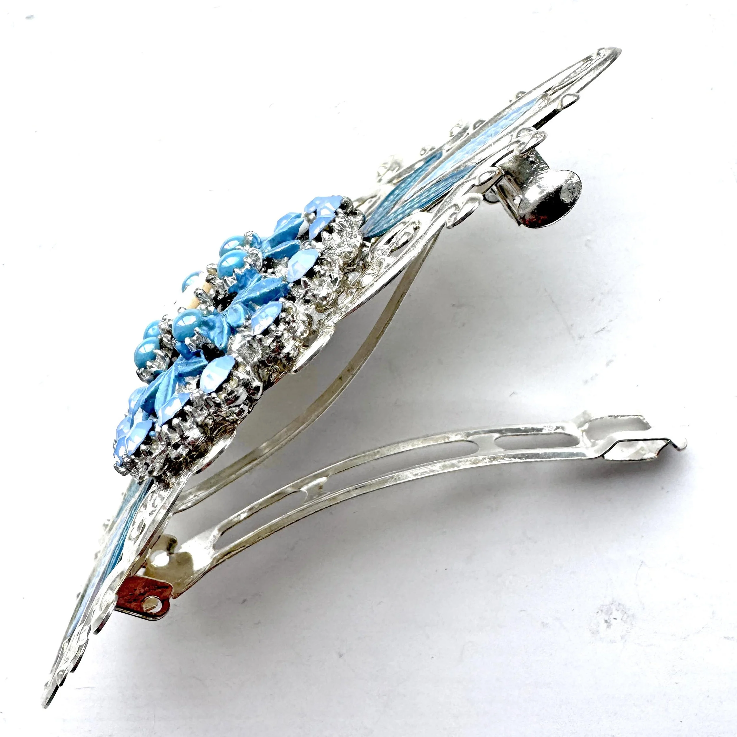 1940s vintage blue jewelled french barrette, vintage hair accessories