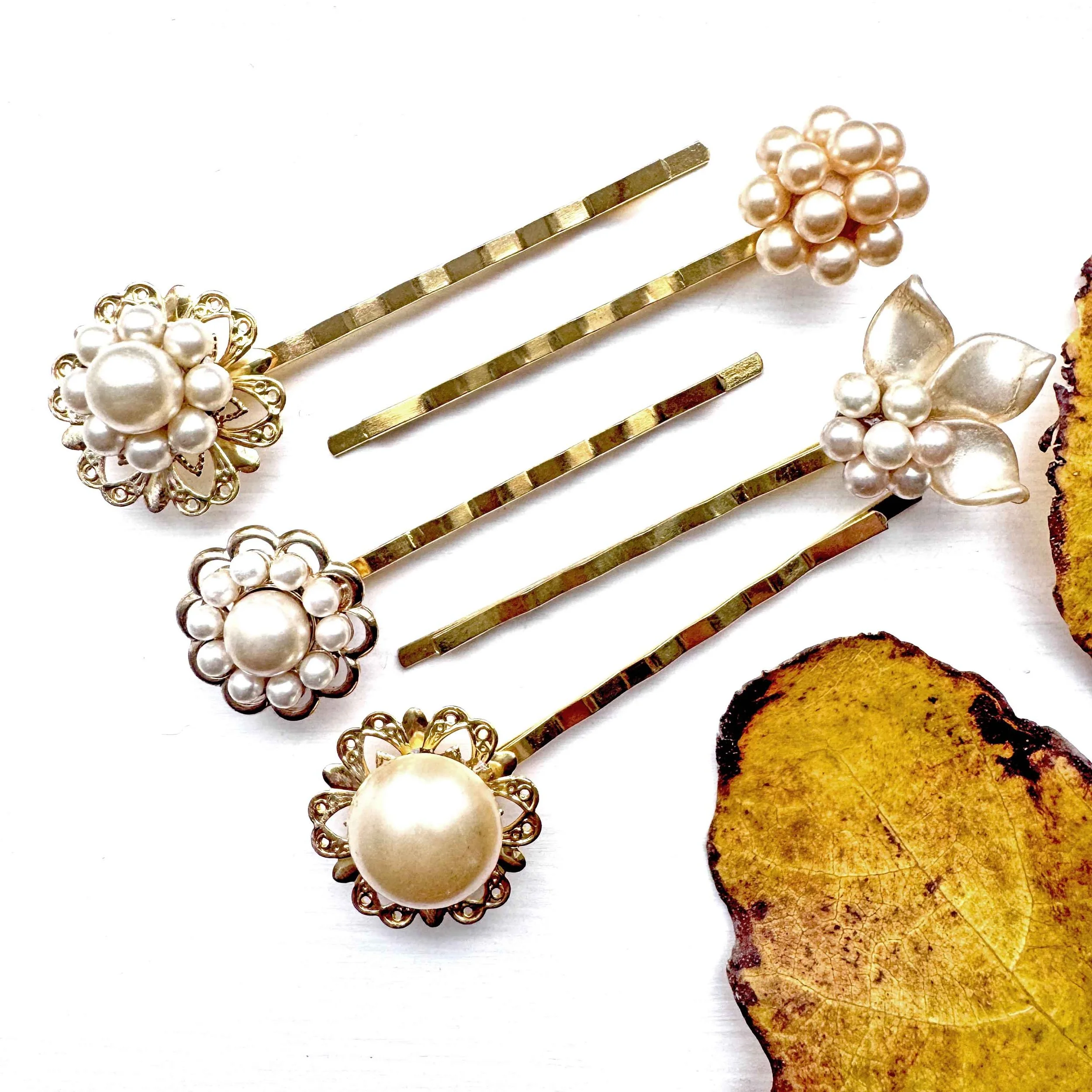 Vintage Gold Pearl Flower Scatter Hair Pins Set VA1298