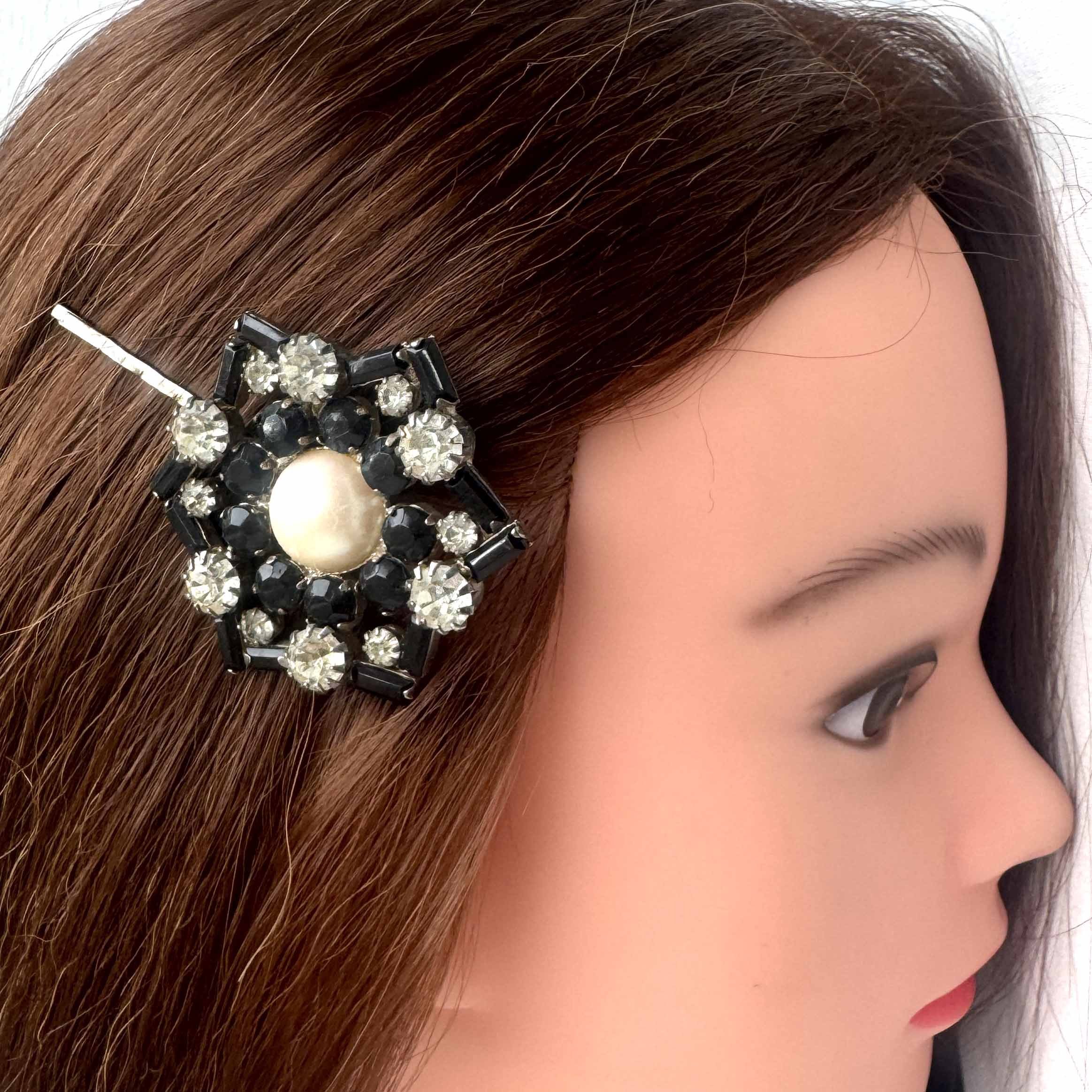 vintage silver black rhinestone pearl hair clip, vintage hair accessories