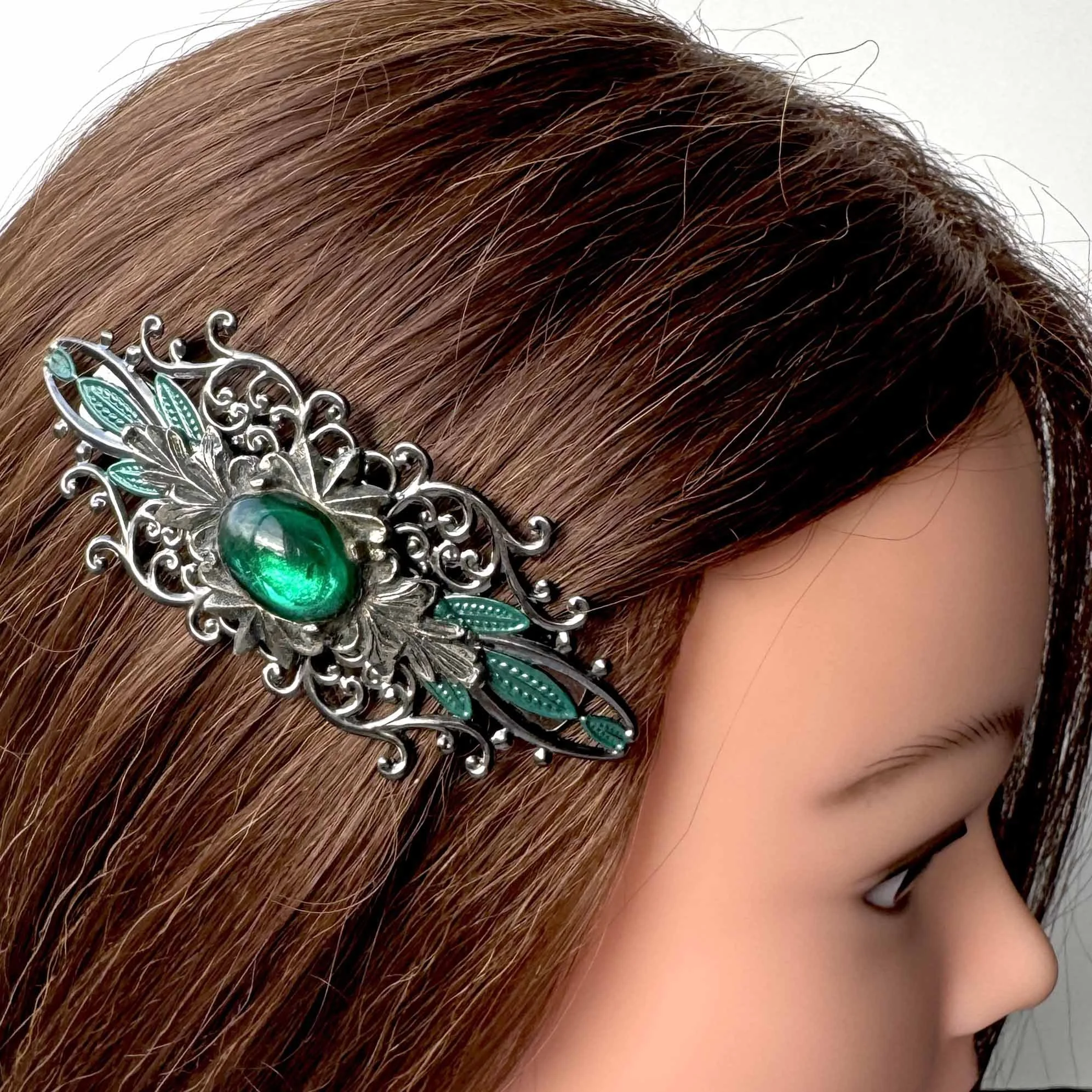 vintage silver emerald green French barrette, vintage hair accessories