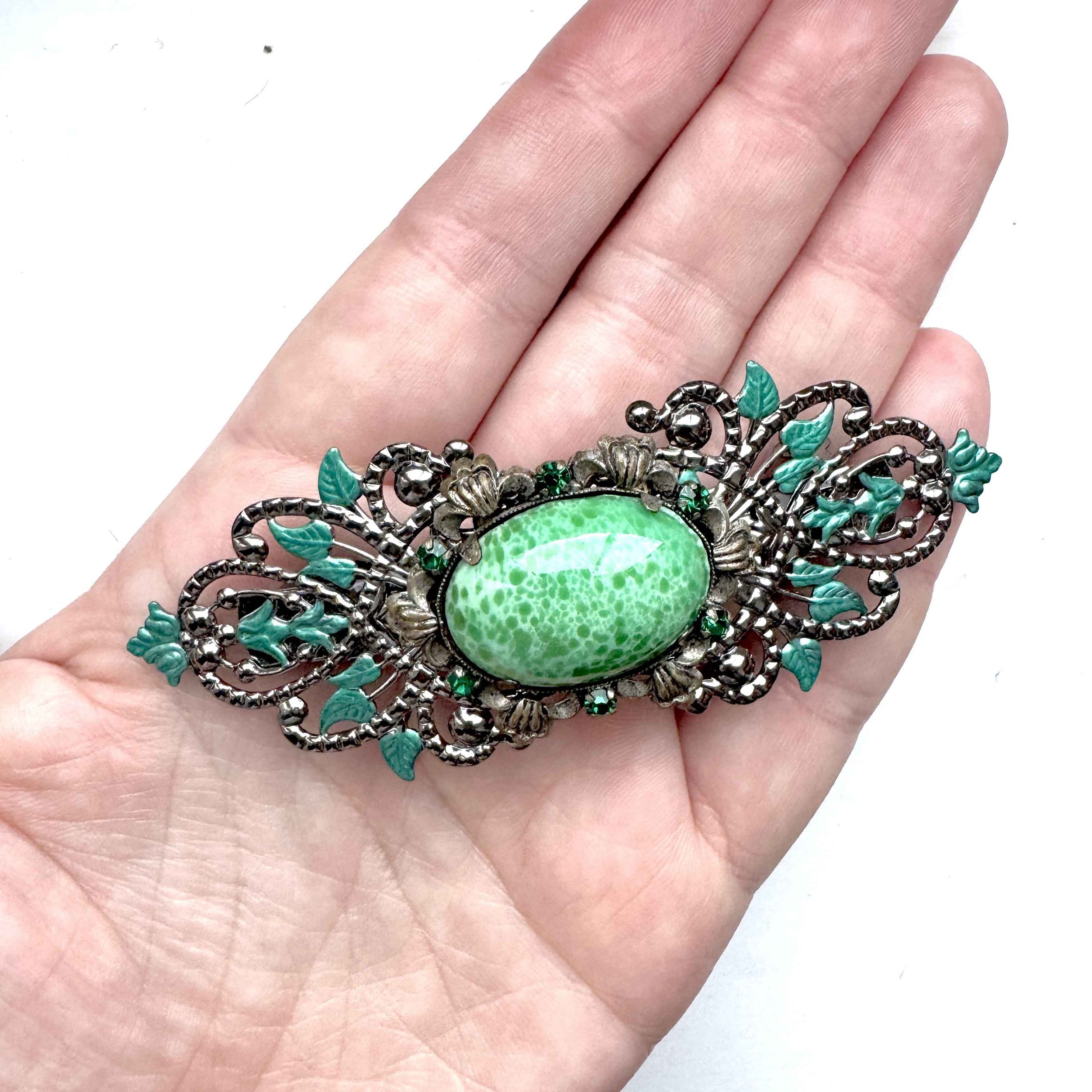 1930s vintage green jewelled hair clasp, vintage hair accessories