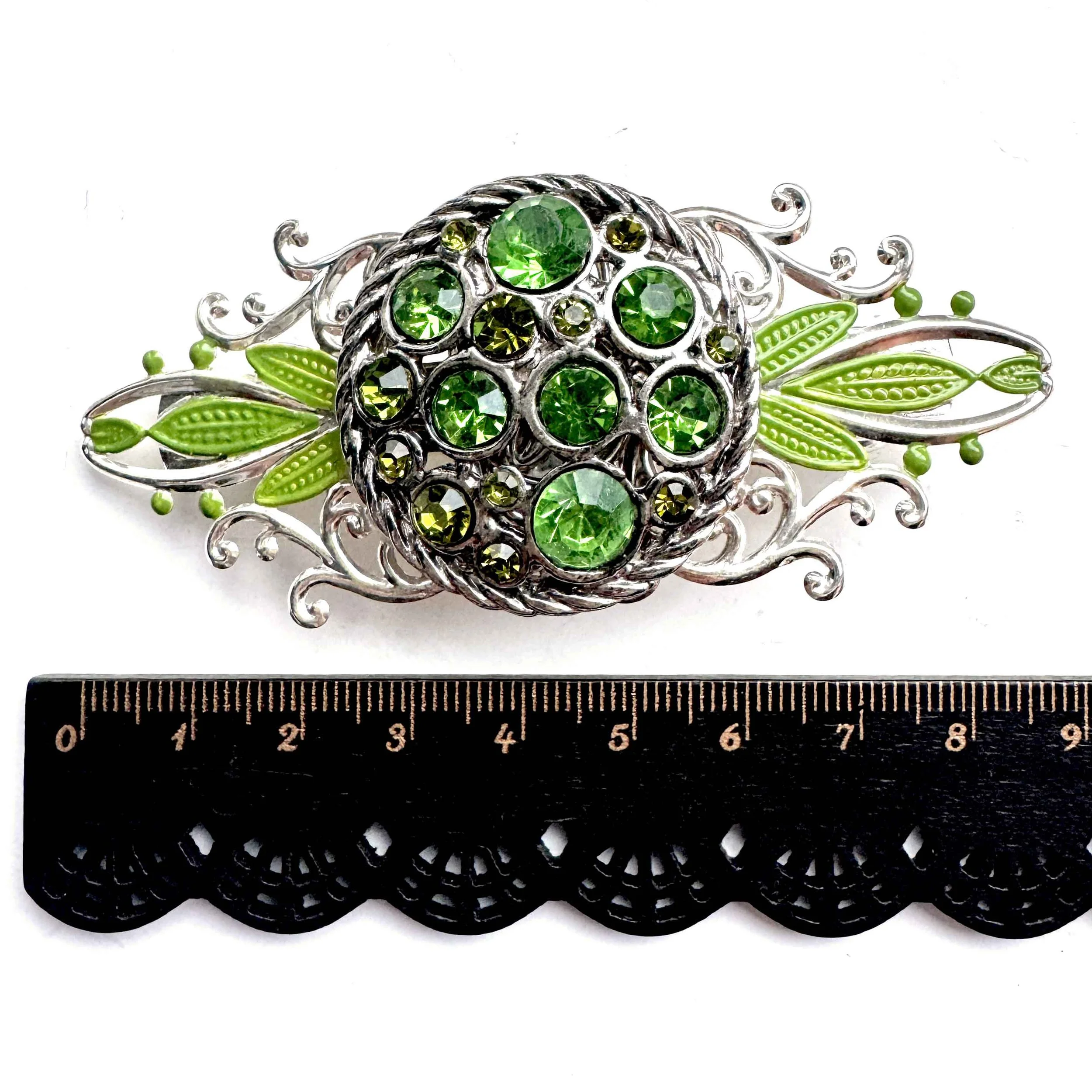 antique spring green jewelled hair barrette, vintage hair accessories