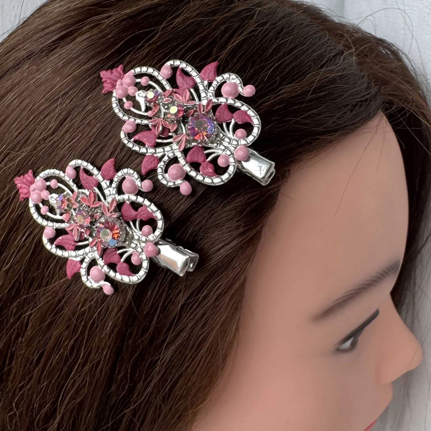 1950s Vintage Pink Rhinestone Hair Clips - Vintage Hair 