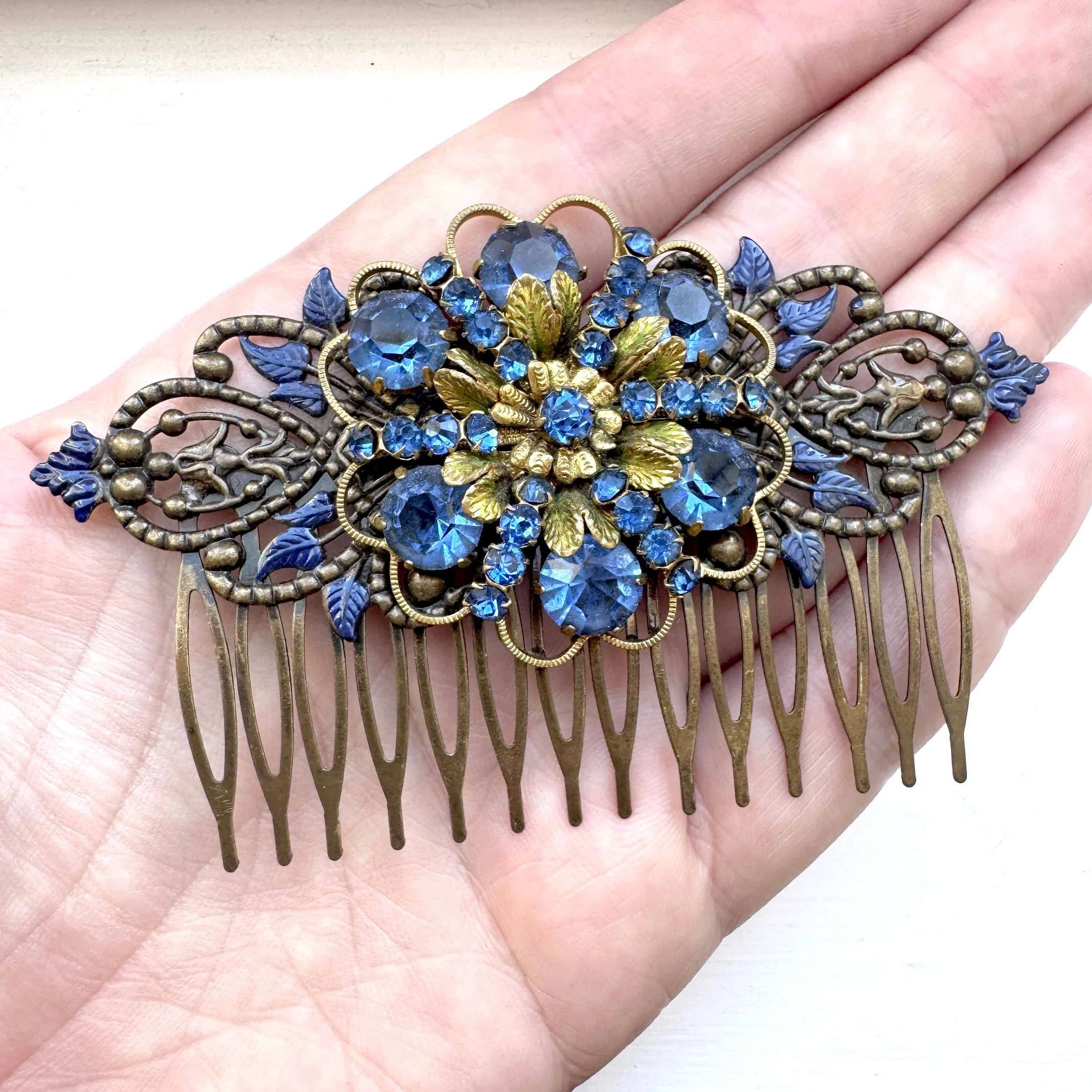 vintage victorian sapphire dark blue hair comb, antique hair accessories