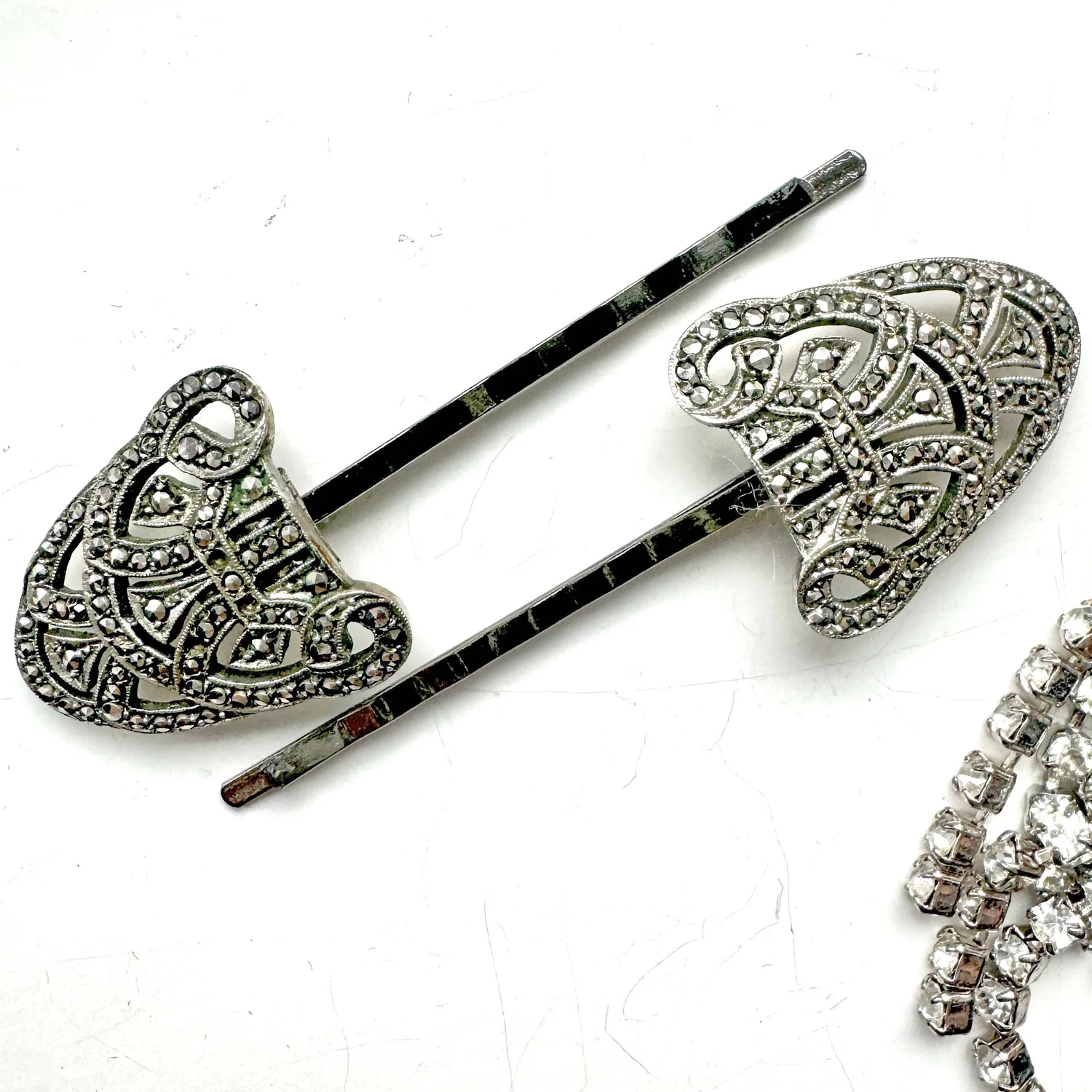 Vintage Art Deco Silver Marcasite Hair Pins - vintage hair  display picture 3