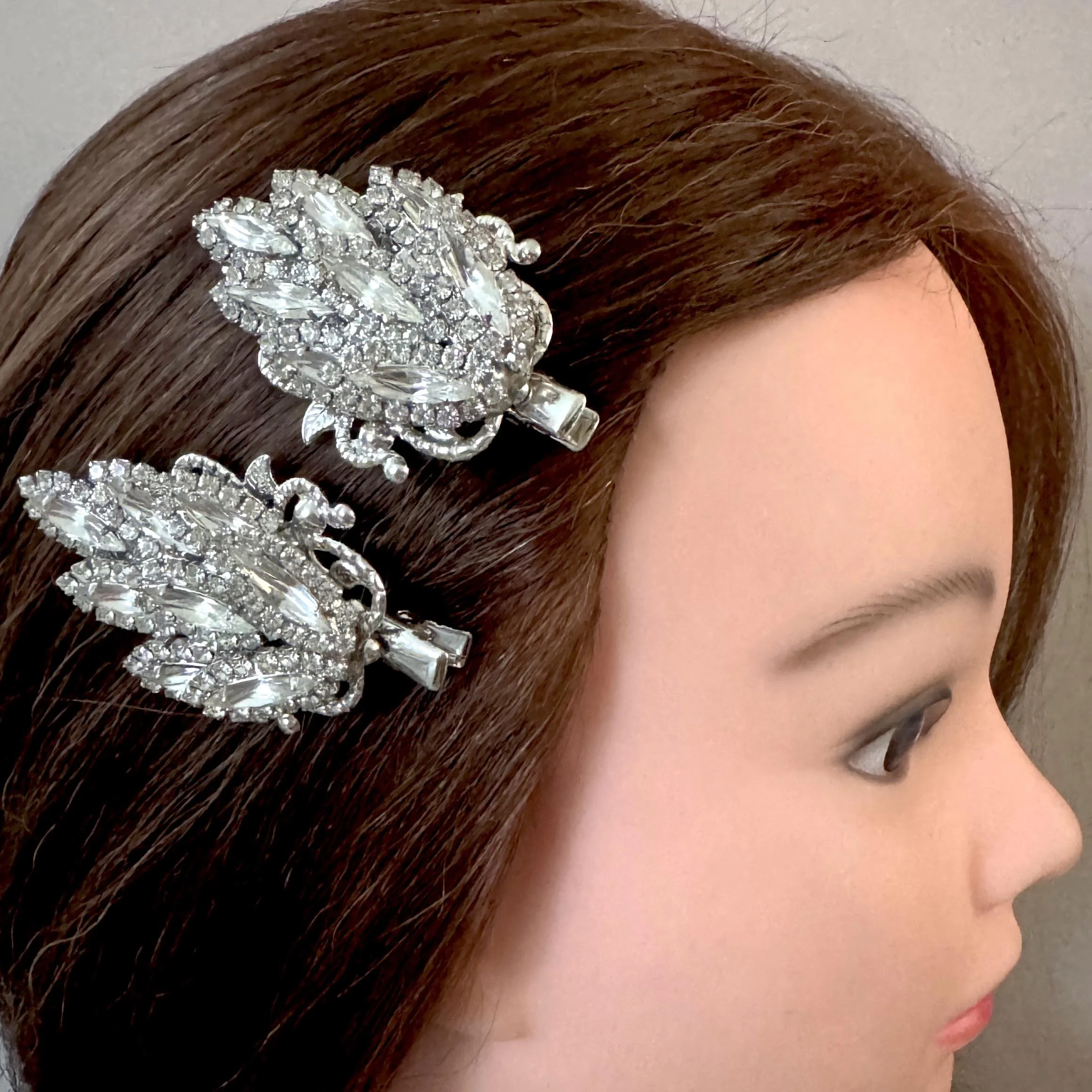 1950s vintage rhinestone silver hair slides - vintage hair accessories