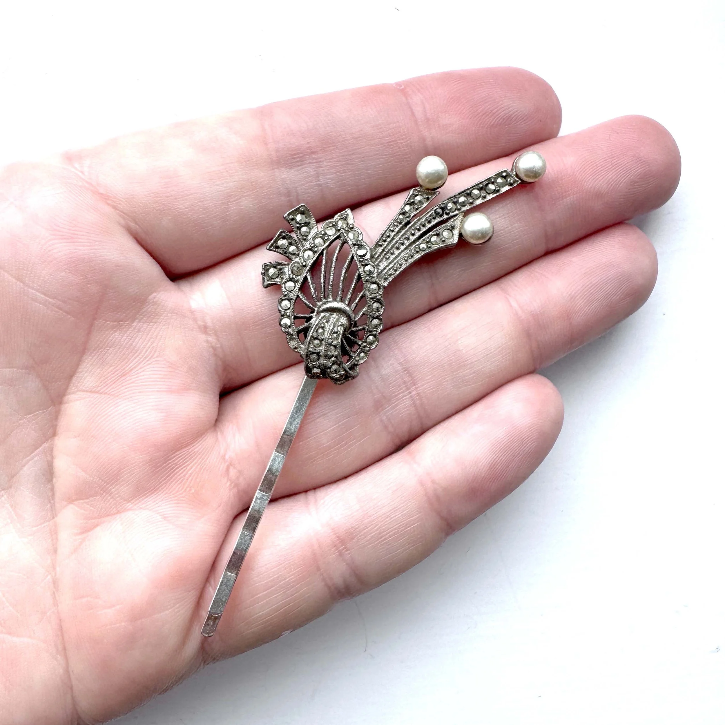 1930s vintage marcasite pearl hair clip - vintage hair accessories