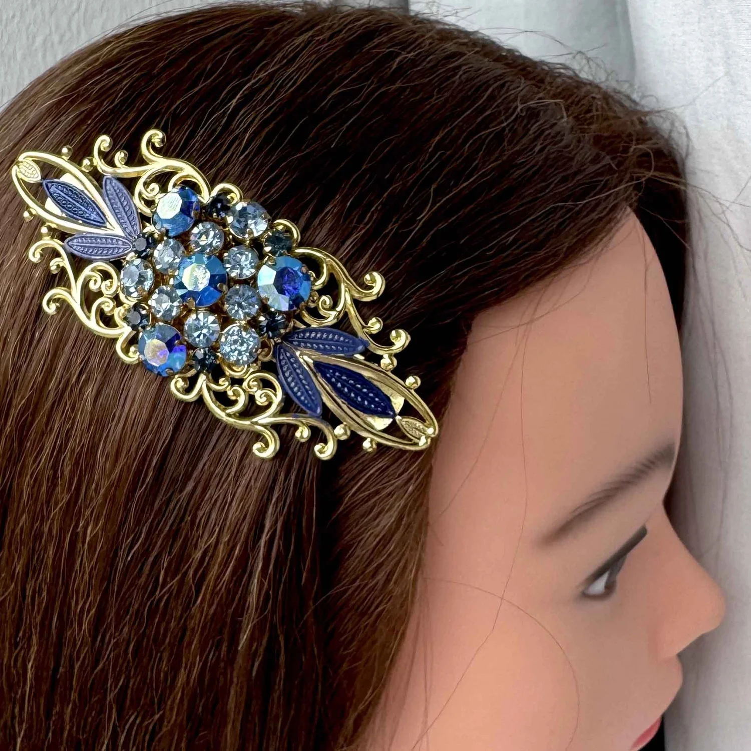 Gold and Blue Ornate Hair Accessory Extra Large Vintage Art Deco Gold and Blue Hair Comb  main image 2