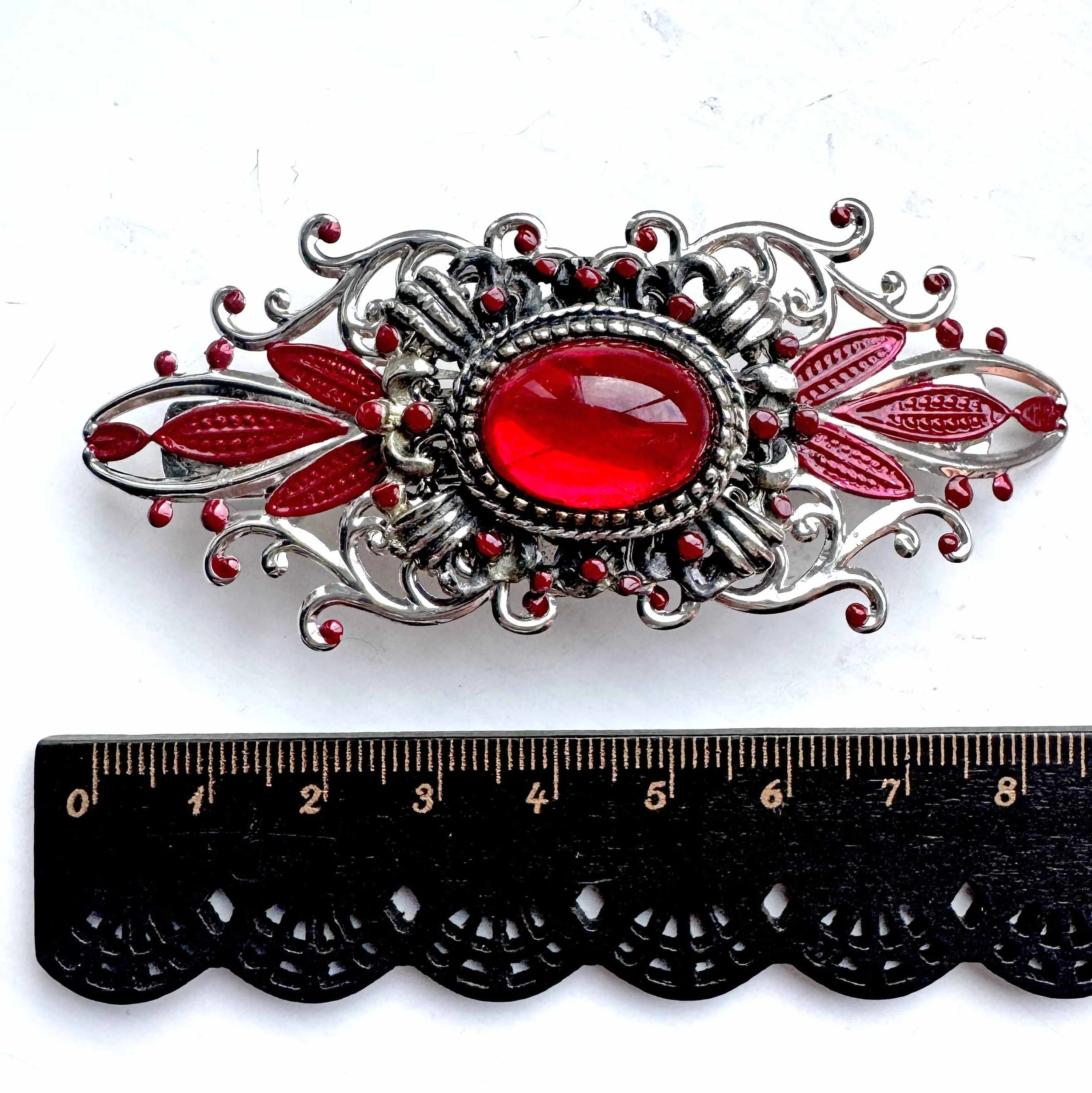 vintage red jewelled hair clasp, vintage hair accessories