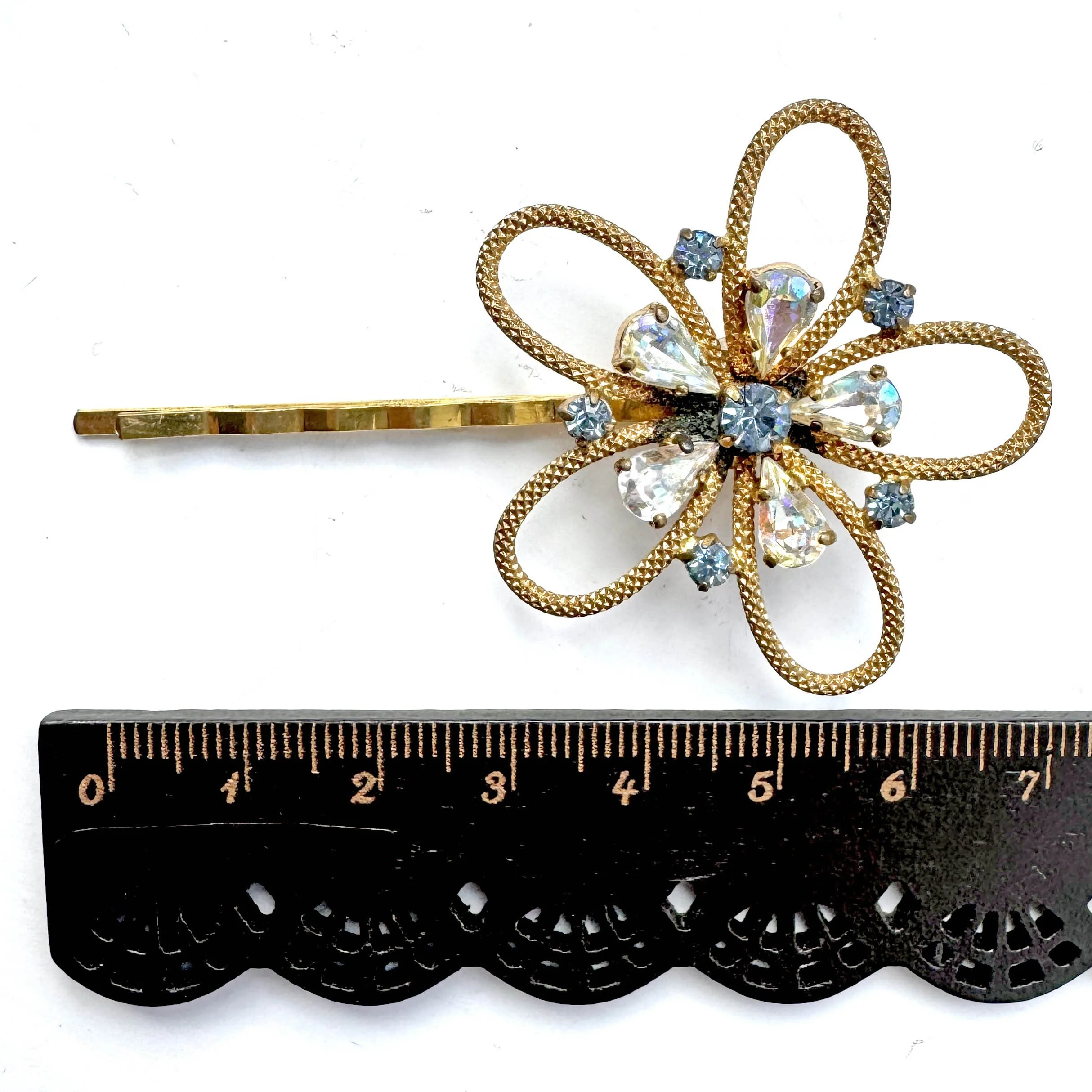 1950s vintage gold blue rhinestone bobby pin, vintage hair accessories