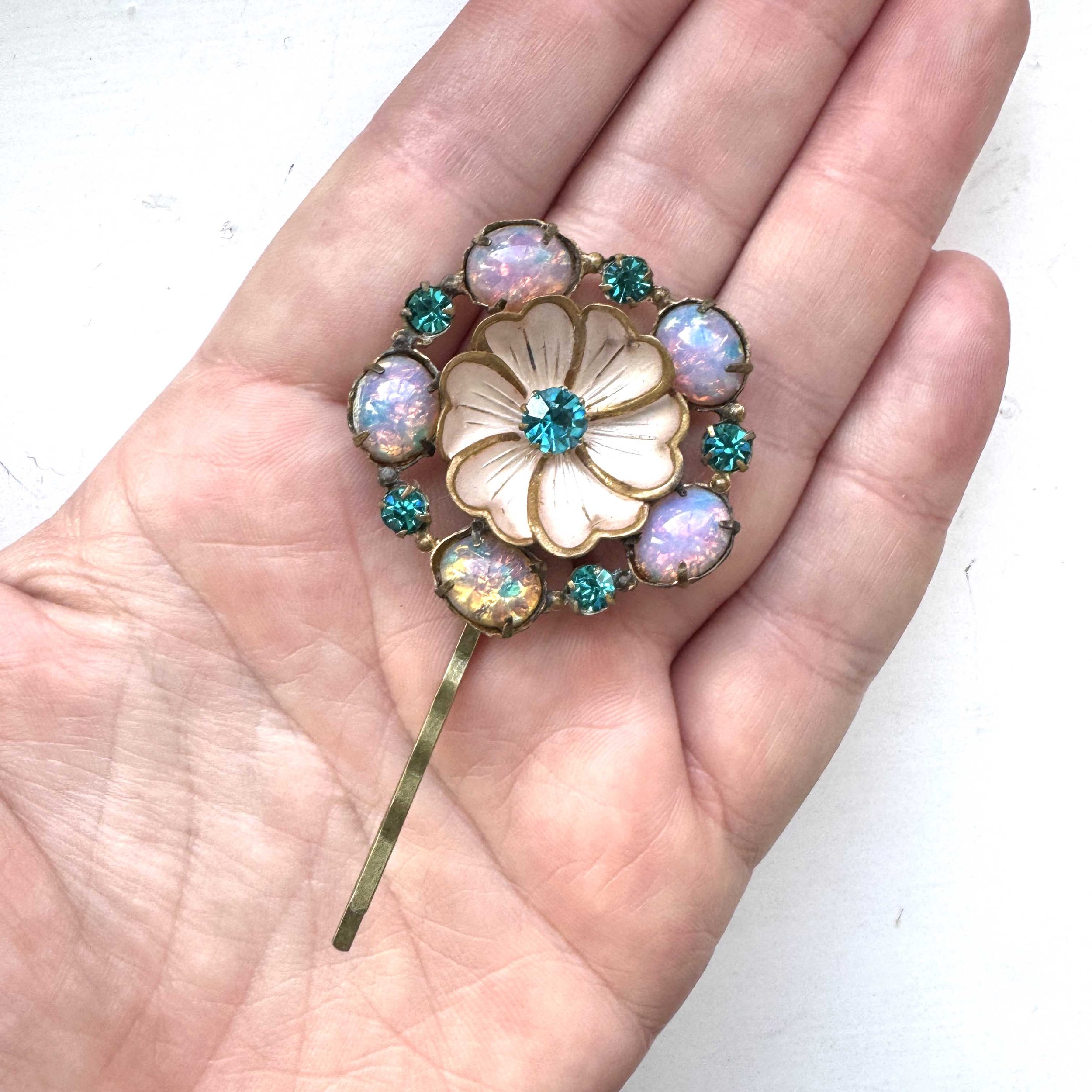 1930s vintage opal flower hair slide, vintage hair slide, vintage hair accessories