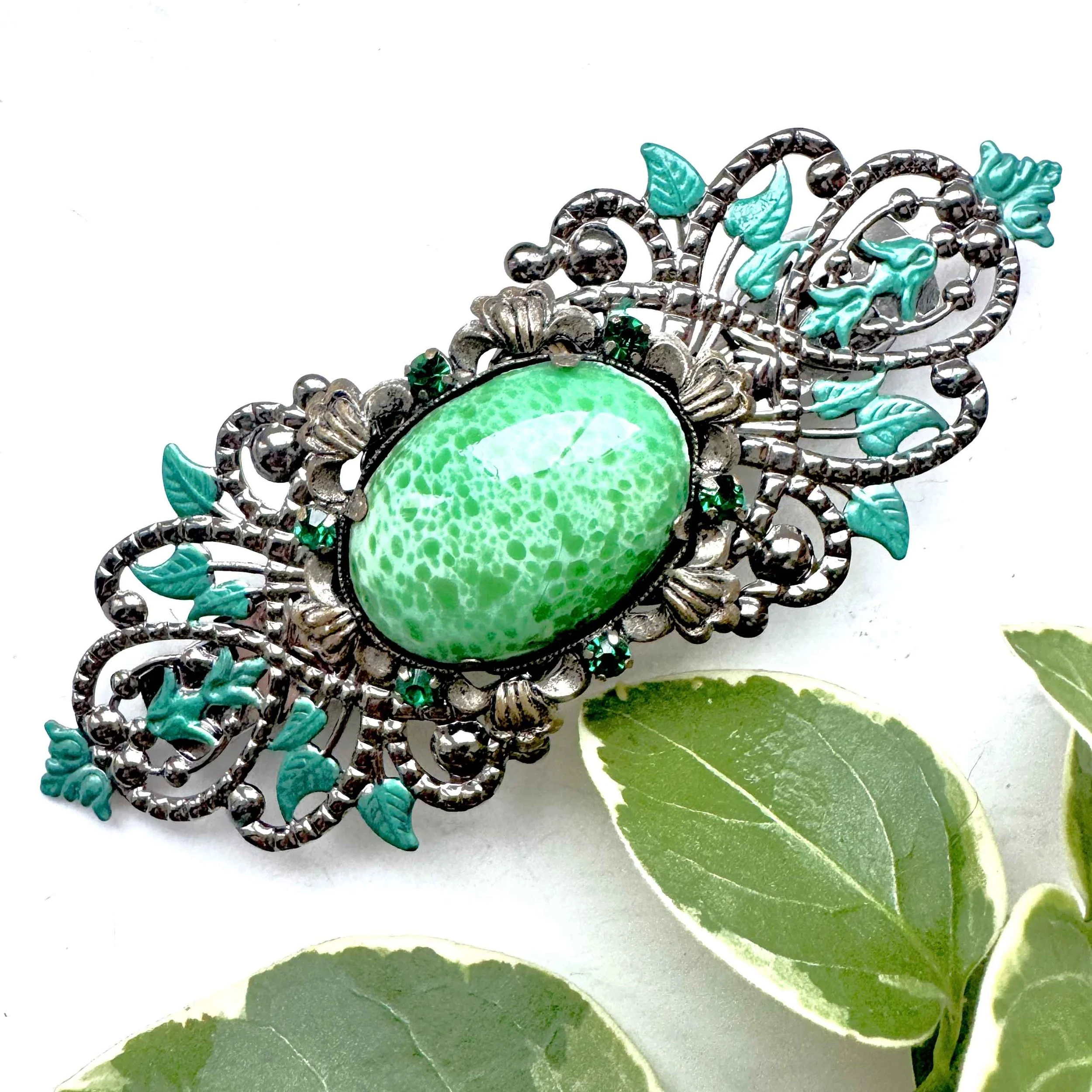 1930s vintage green jewelled hair barrette, vintage hair accessories