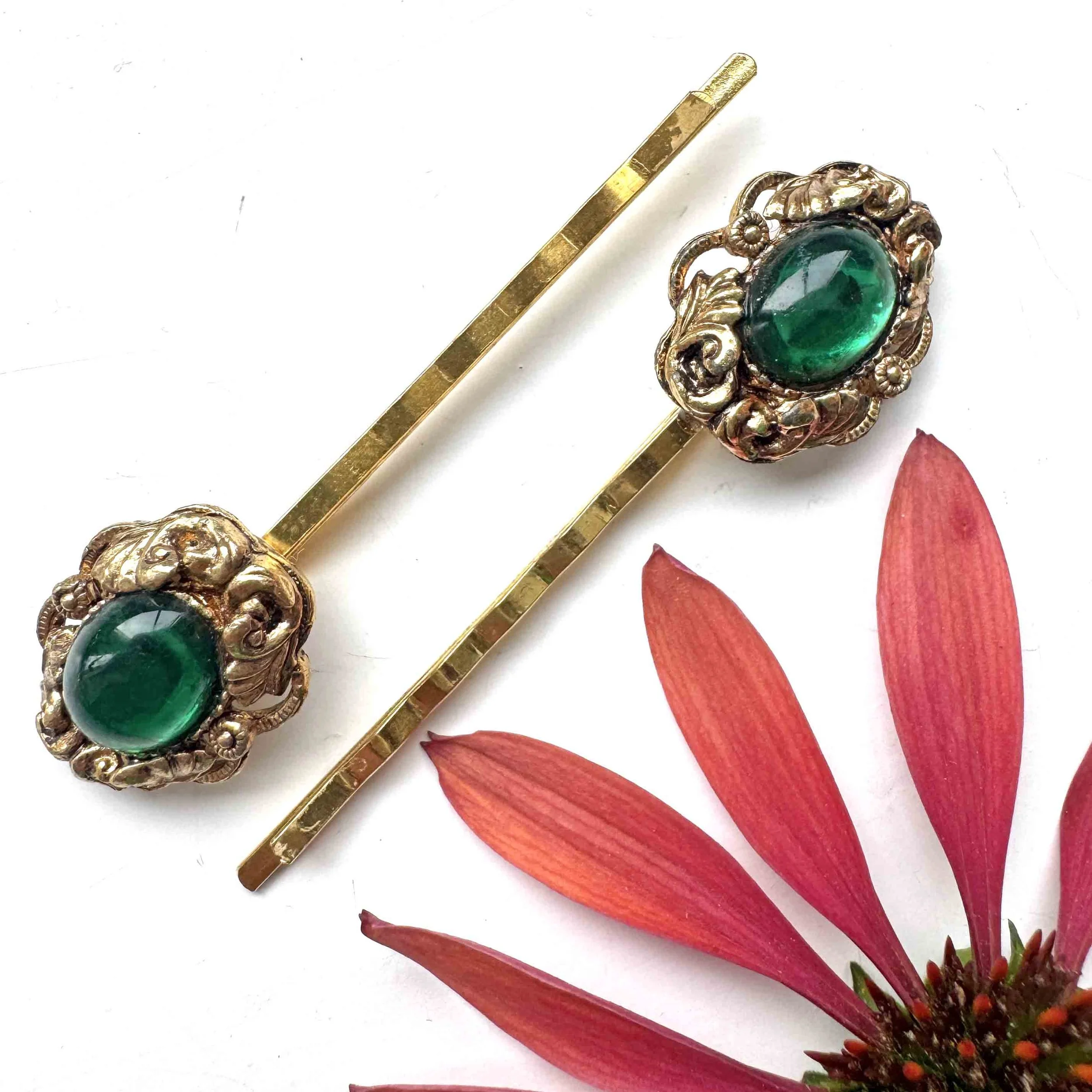 dark green vintage hair pins, vintage hair accessories