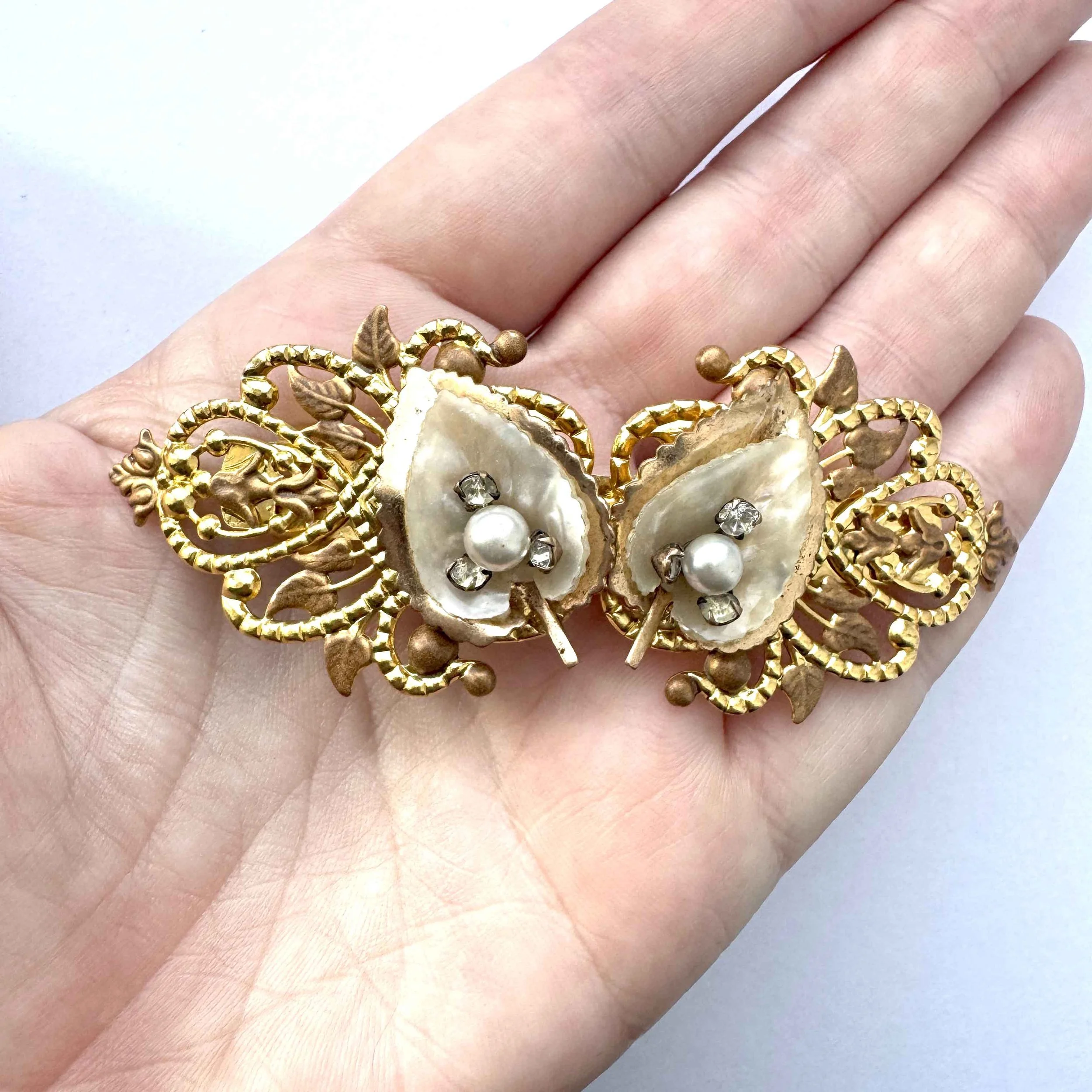 vintage gold mother of pearl and rhinestone hair clasp, vintage hair accessories