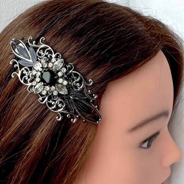 Vintage 1940s Gothic French Jet Black Silver Hair Barrette 