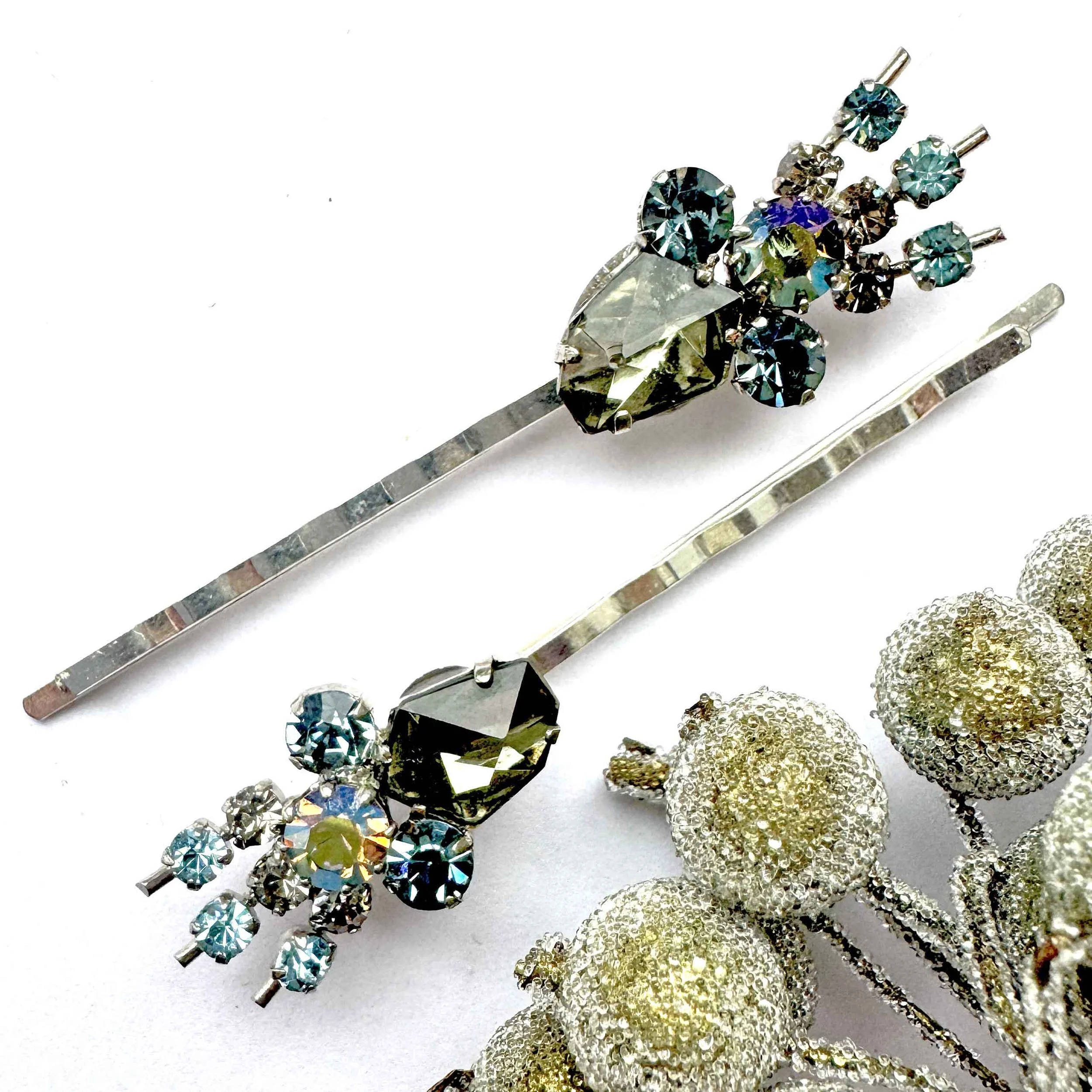 1950s Vintage Silver Blue Jewelled Hair Pins, vintage hair accessories