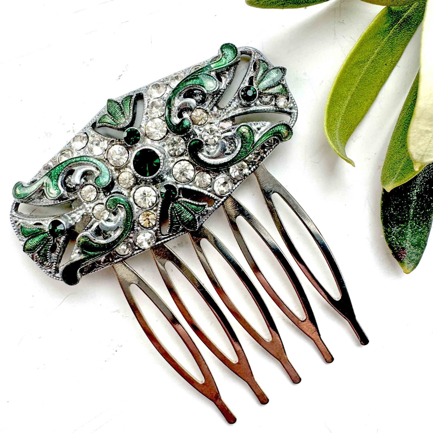 Vintage 1920s Art Deco Green Rhinestone Hair Comb — Vintage 