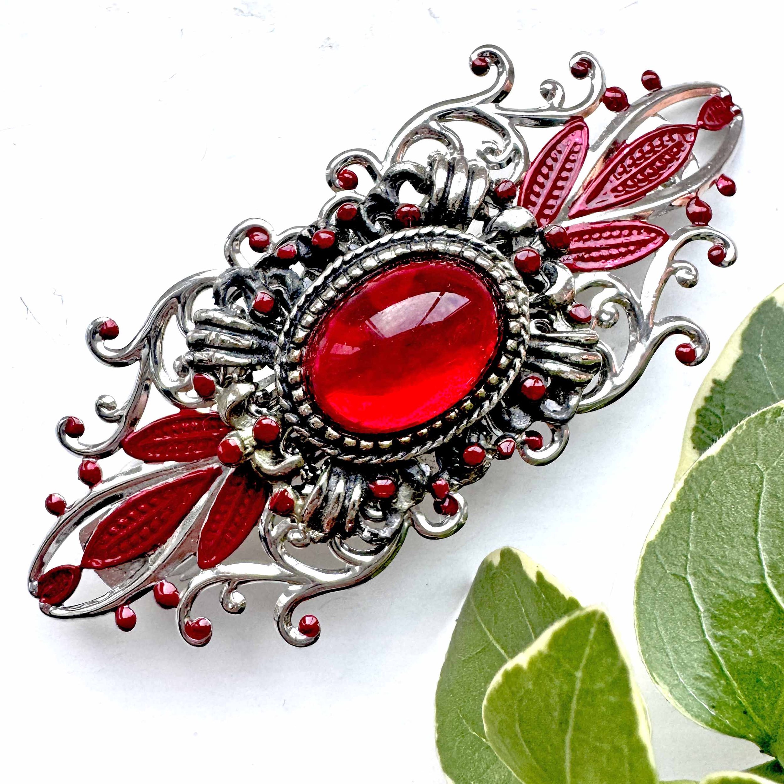 Vintage Red Silver Jewelled Hair Barrette VA1236