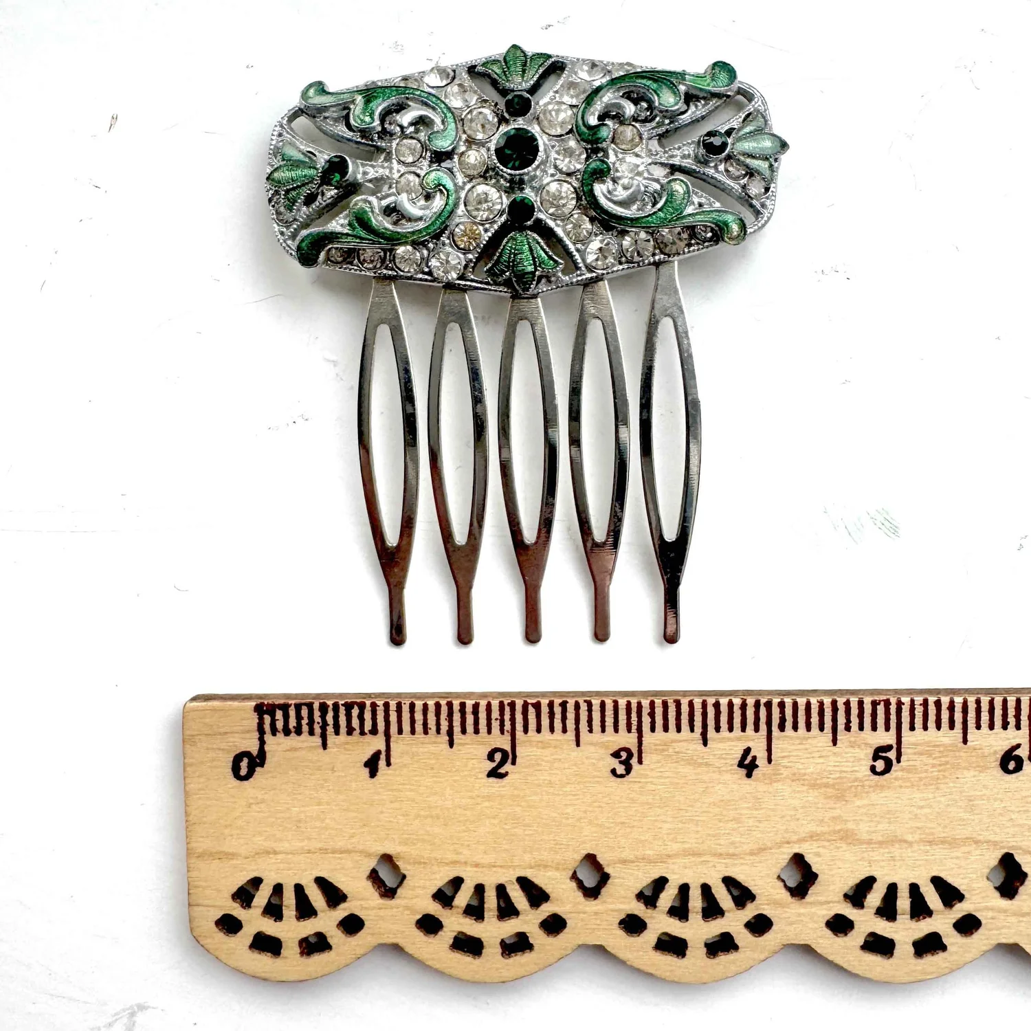 Vintage Art Deco Green Rhinestone Hair Comb Art Deco Celluloid Hair Comb Teal Blue Sapphire Rhinestones  main image 4