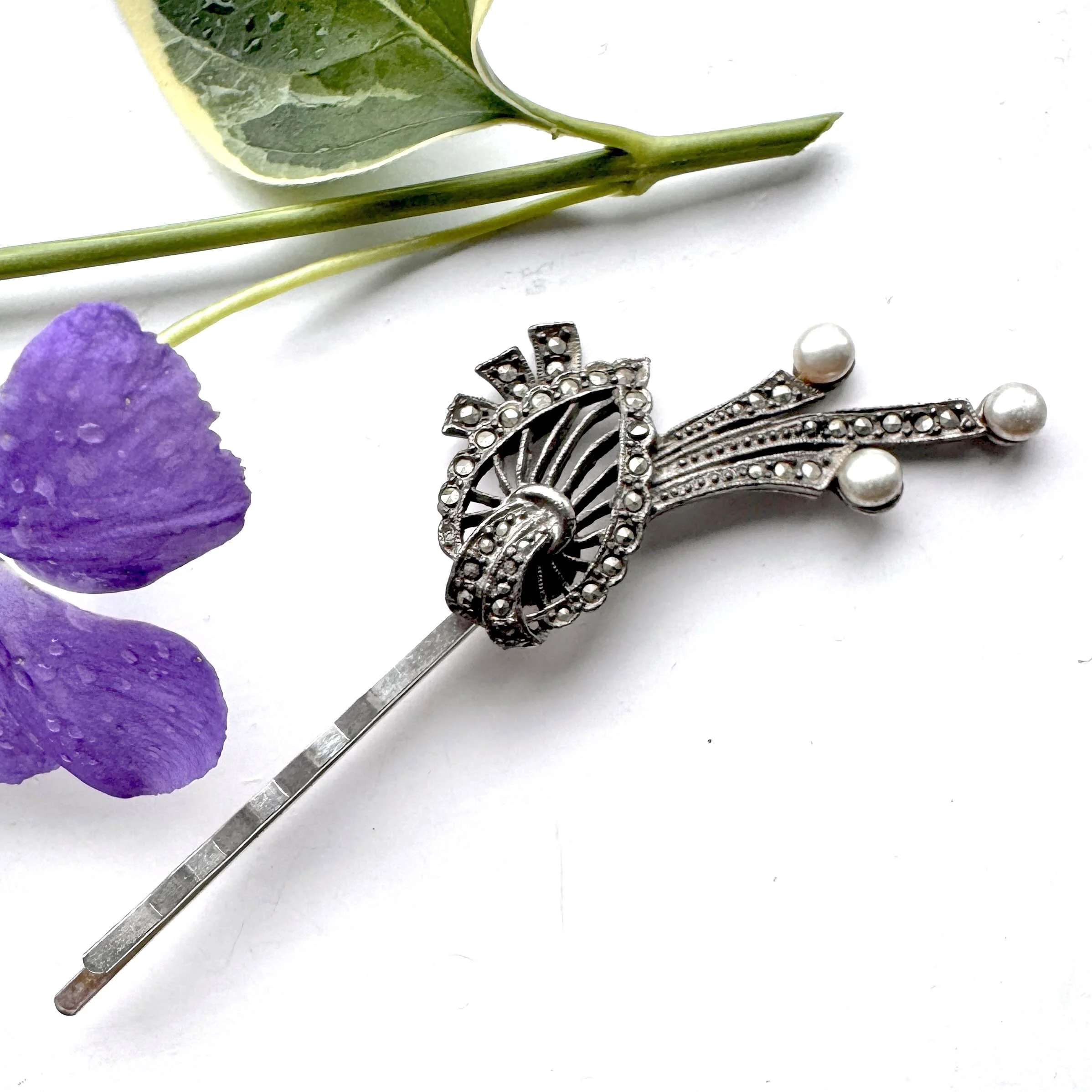 1930s vintage marcasite pearl hair pin - vintage hair accessories