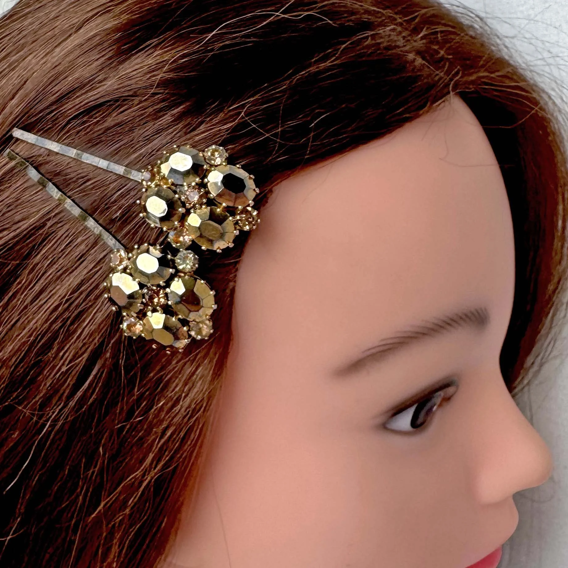 vintage gold jewelled hair clips, vintage hair accessories