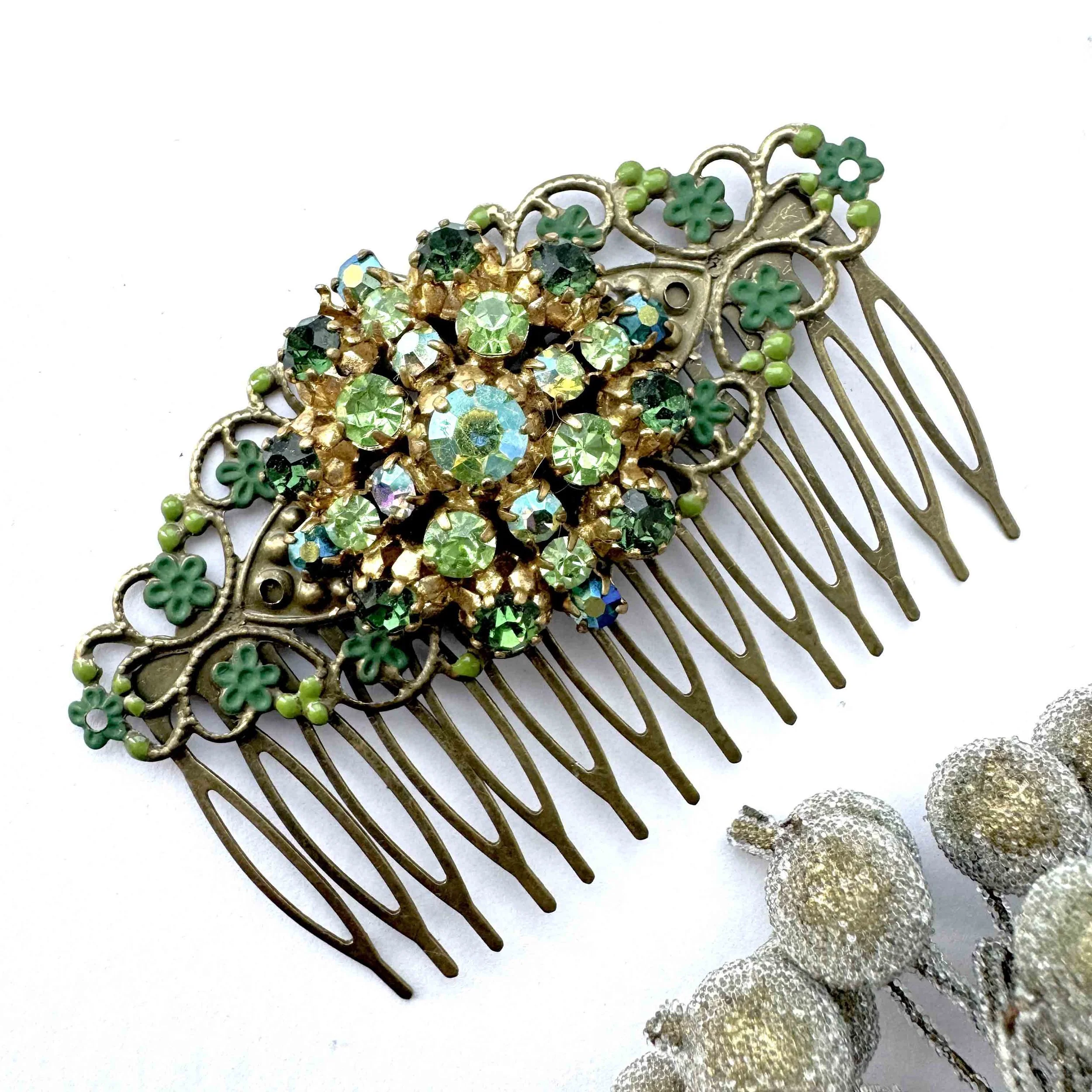 1950s vintage green bridal wedding hair comb, vintage hair accessories